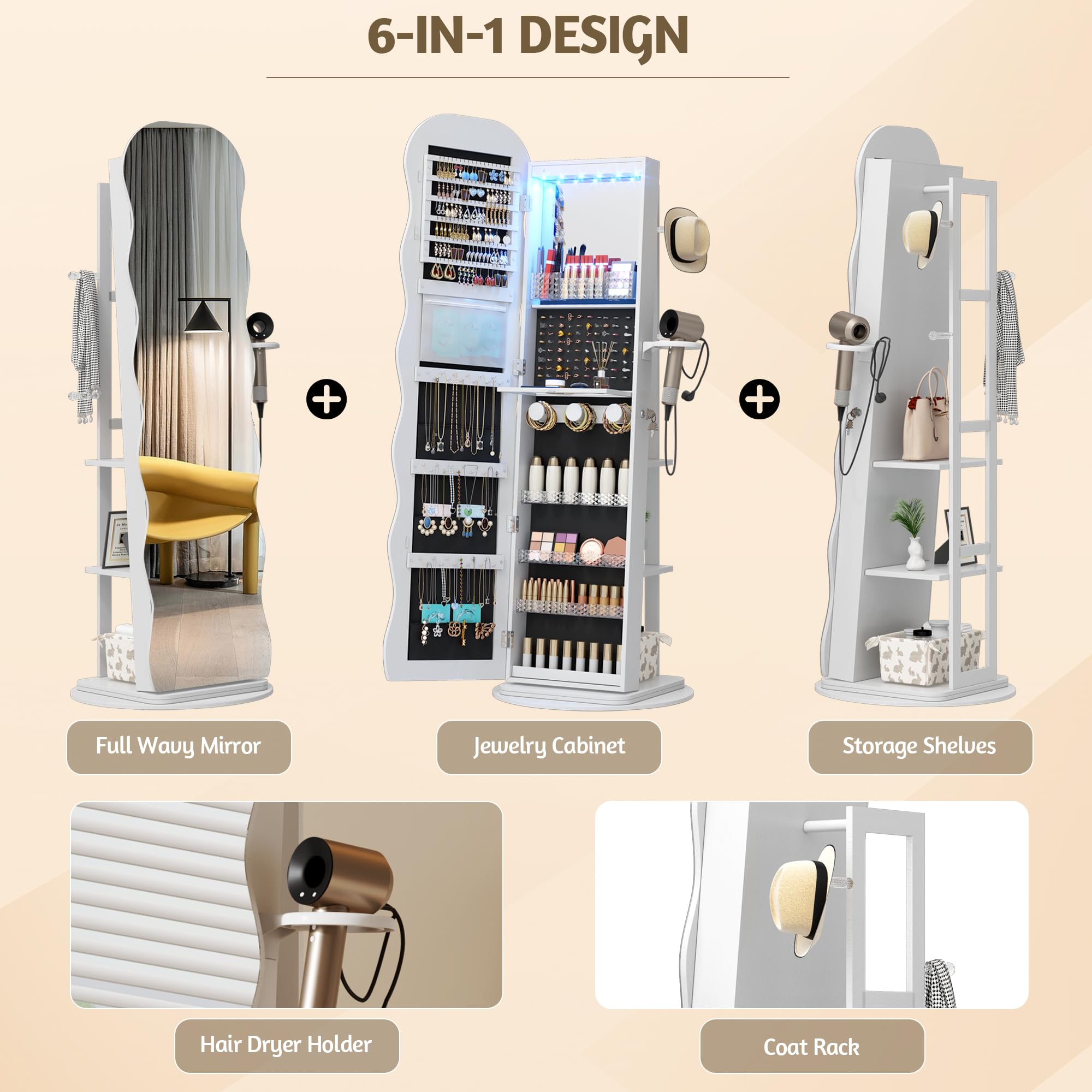 LVSOMT LED Schmuckschrank mit Gewellt Spiegel, 360° Drehbarer Schmuckschrank Abschließbar, Bogen Spiegelschrank Stehend Wohnzimmer Schlafzimmer, 3 Stufiges Regal & 3 Häkchen, Geschenke für Damen, Weiß
