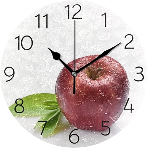 susiyo Reloj de pared con manzanas rojas, redondo, silencioso, sin tictac, funciona con pilas, fácil de leer, para el hogar, cocina, oficina, aula,