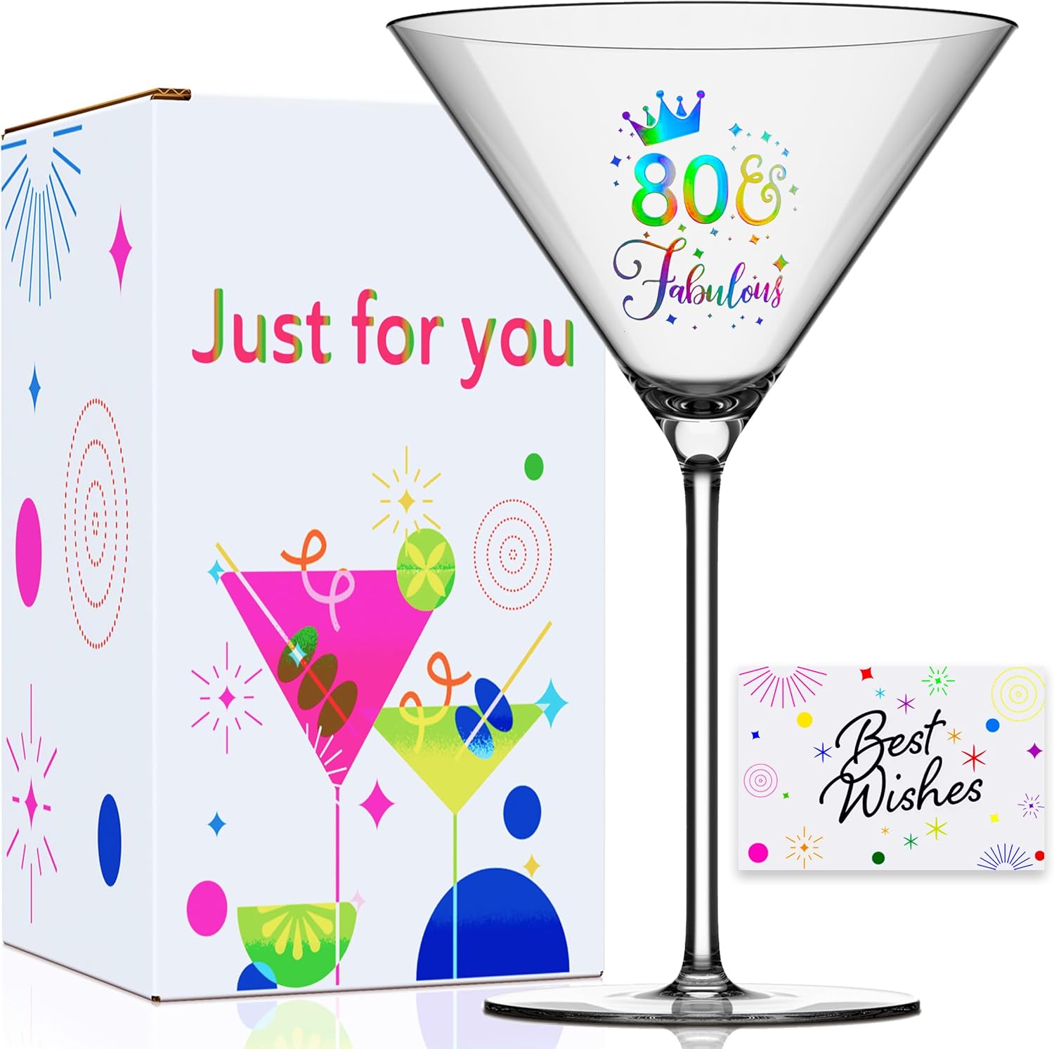 80th Birthday Martini Glasses Gifts, Personalized Colorful Print ’80 Fablous‘ Cocktail Glass Set for Women, Gift Package with Over Size Glass and Card for 80 Years Old Woman
