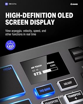Donner USB-C MIDI Keyboard Controller, 25 Key Portable Mini MIDI Keyboard with 8 Drum Pads, OLED Display, 16 Smart Scales, Arpeggio, Replay, 4 DAW Software and 40 Teaching Courses, DMK 25 Pro Black