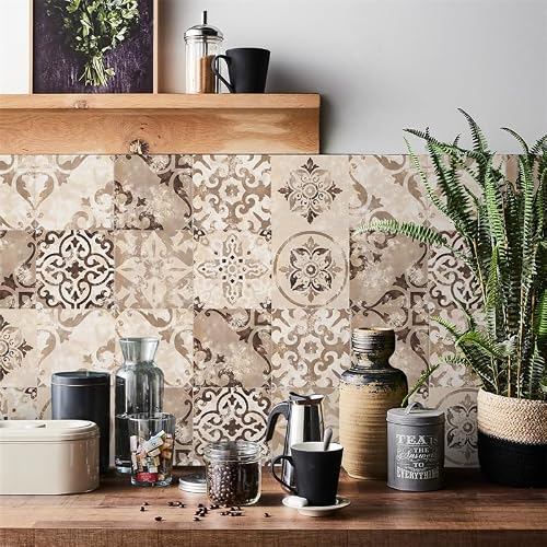 Zzdxw Light Tile Stickers Retro Moroccan Khaki Stick On Tiles Self Adhesive Wall Tiles Oil-Proof Kitchen Tile Stickers Tile Stickers For Bathroom Waterproof Stick On Wall Tiles 24 Pcs/10X10cm