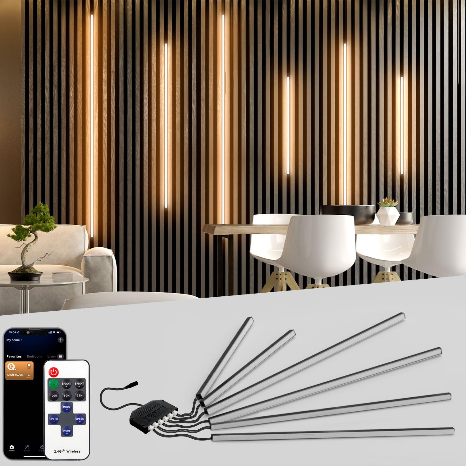 Lichaser Schwarz LED für Akustikpaneele, 6 Stück Eingebetteter Akustikpaneele LED Streifen Warmweiss Alexa Kompatibel, Selbstklebend Strip für Wandpaneele Beleuchtung, Regal (40 * 2+60 * 4 cm)