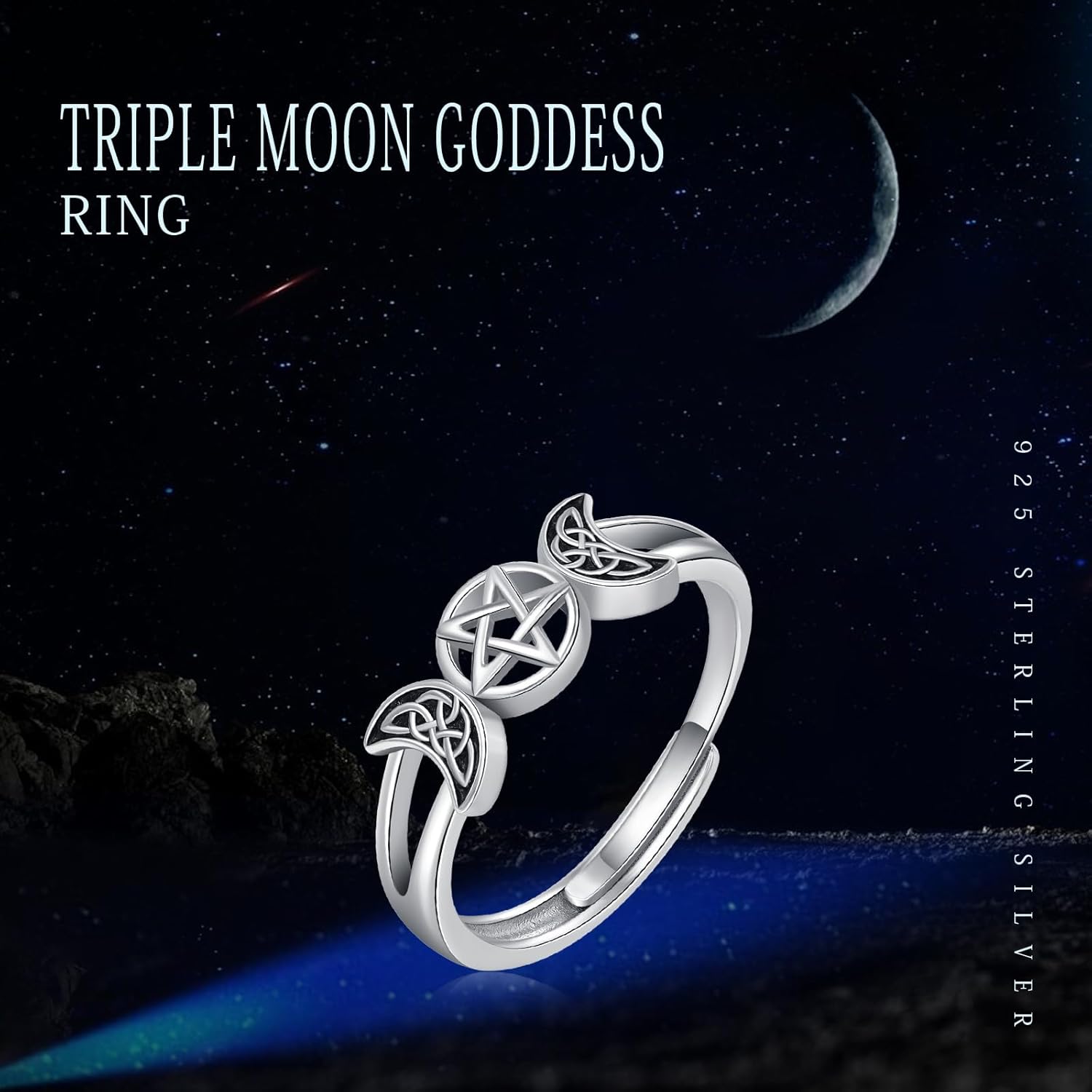 Daisy/Moss Agate/Clover/Heart/Moonstone Celtic/Triple Moon Goddess/Heartbeat/Claddagh/Twist Cross/Evil Eye Rings 925 Sterling Silver Adjustable Ring for Women Birthday Christmas