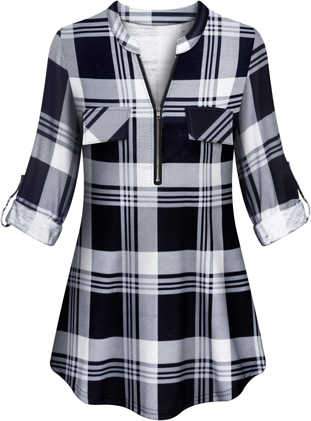 Tanst Sky Womens Casual Long Sleeve Zipped V Neck Plaid Tunic Blouses