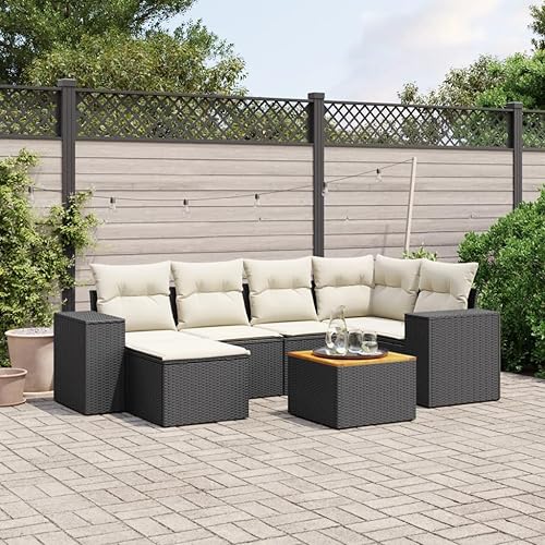 Juego de sofá de jardín de 7 piezas en negro y blanco crema, muebles modulares para exteriores con cojines resistentes al agua, ratán de polietileno