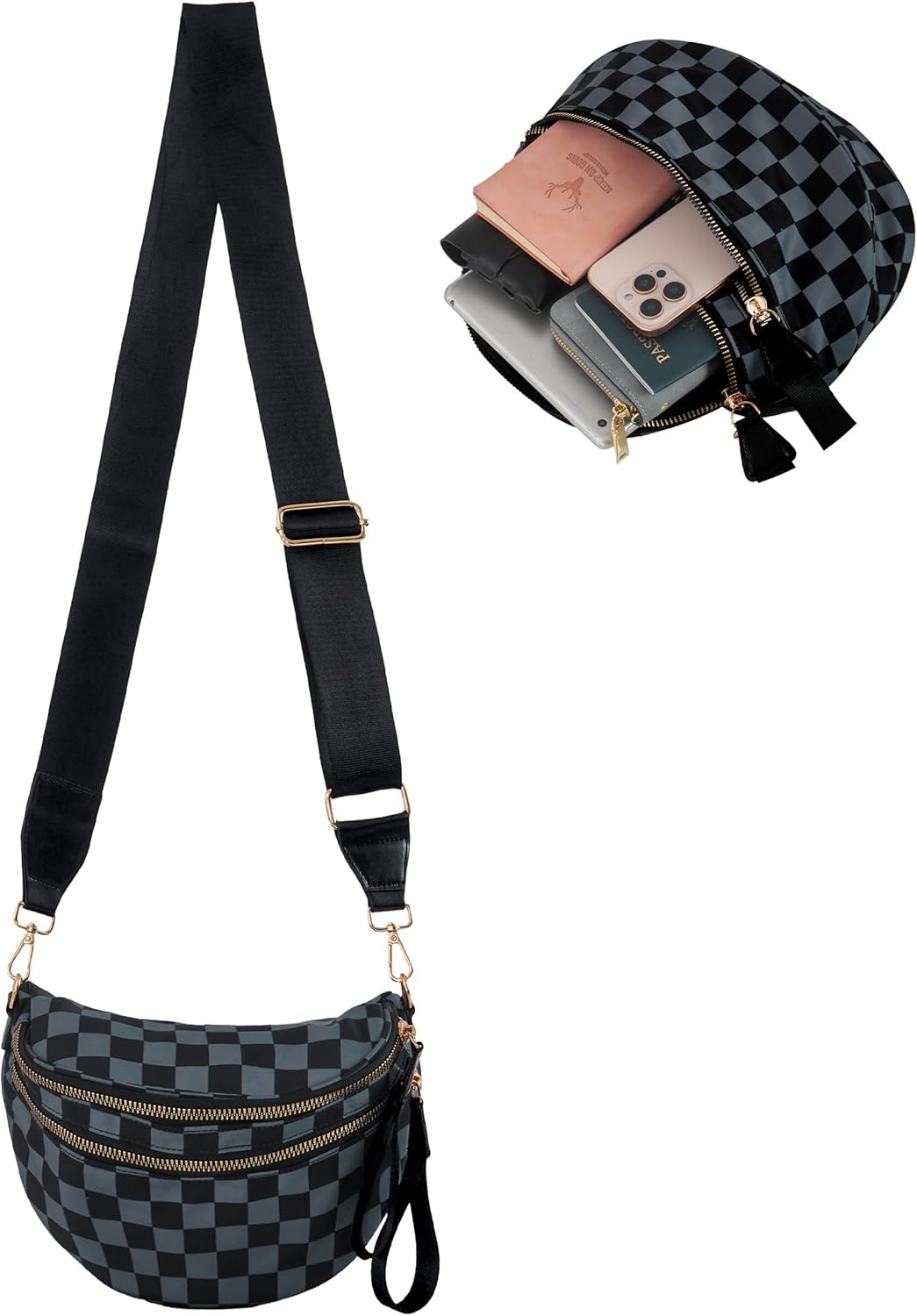 Checkered Crossbody Bum Bags for Women, Spacious Water-Resistant Nylon Shoulder Belt Bag Checkered Purse