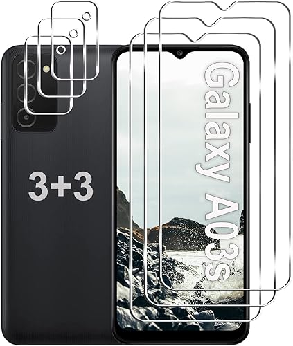 Paquete de 3 + 3 protectores de pantalla para Galaxy A03s + protector de lente de cámara, dureza 9H, resistente a los arañazos, fácil instalación,