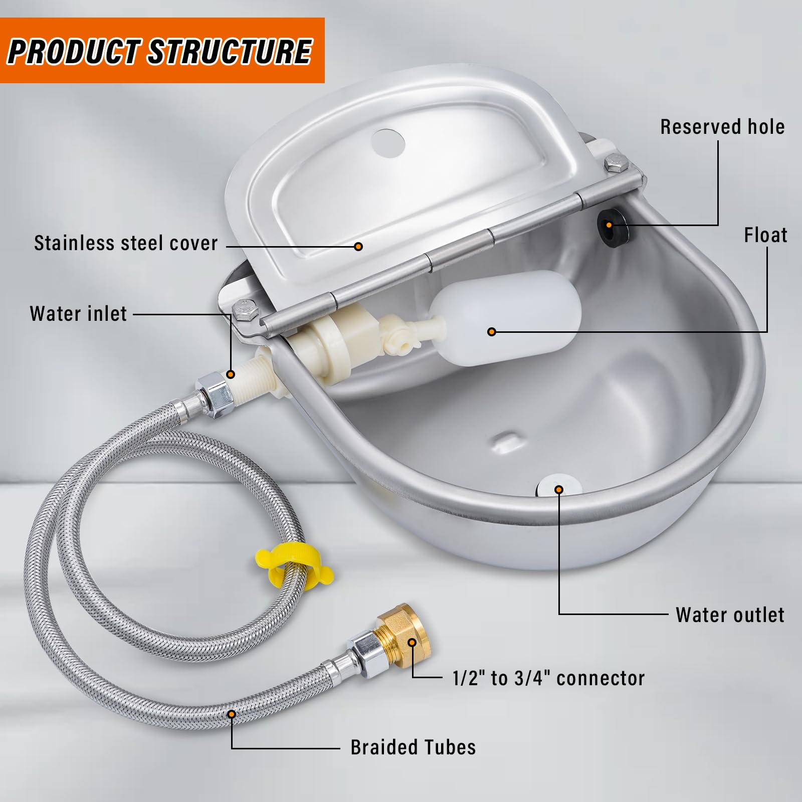 Abreuvoir Automatique pour Animaux De Compagnie, Gamelle Eau Chien en Acier Inoxydable, Pipe À Eau De 80 Cm, Vanne À Flotteur 1/2", pour Poules Chat Cheval Chevre