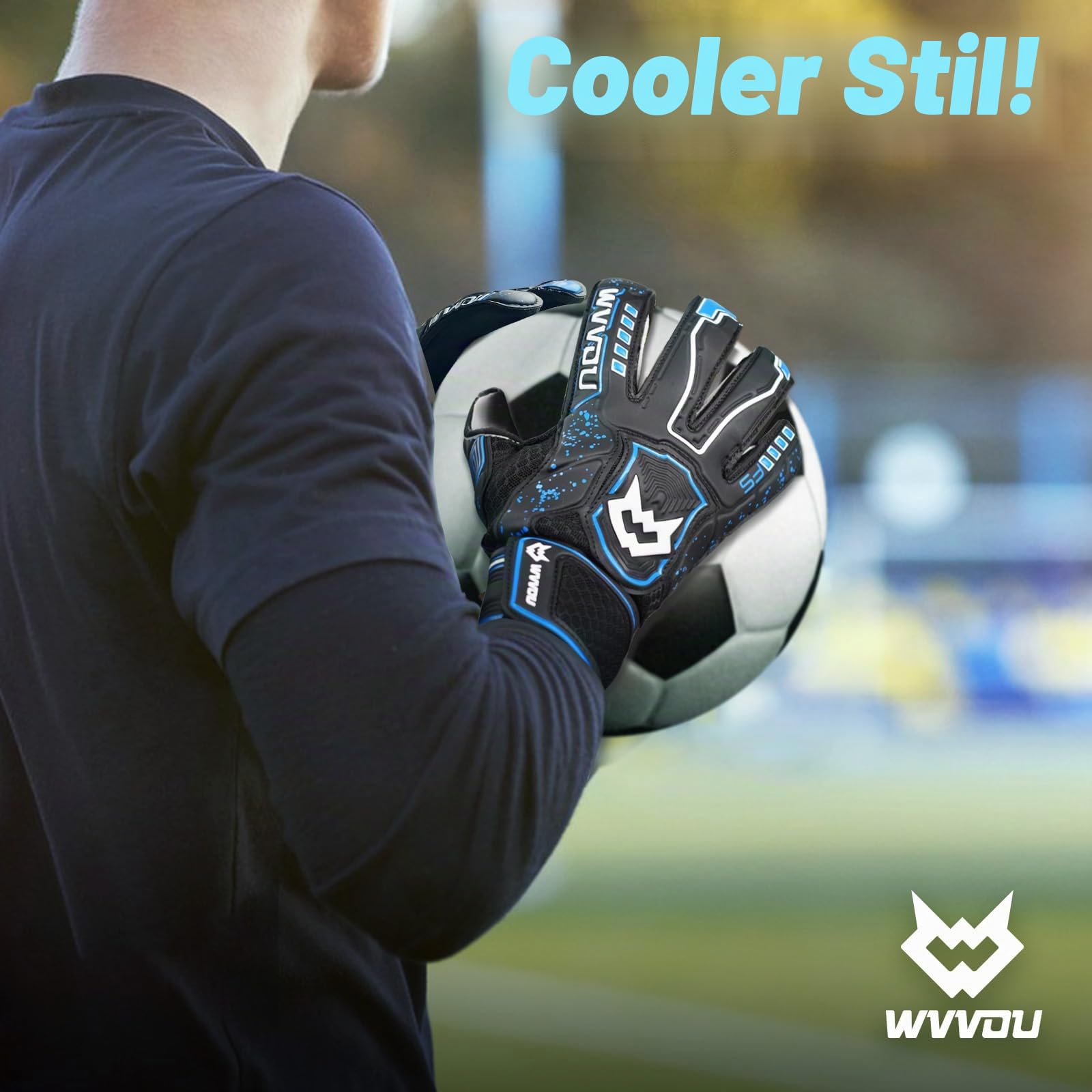WVVOU Torwarthandschuhe Kinder und Herren Größe 6-9 Schwarz, Abnehmbarer Fingersave, 4+3 mm Latex, rutschfest, Fußball-Training und Spielbetrieb, Atmungsaktives Netz
