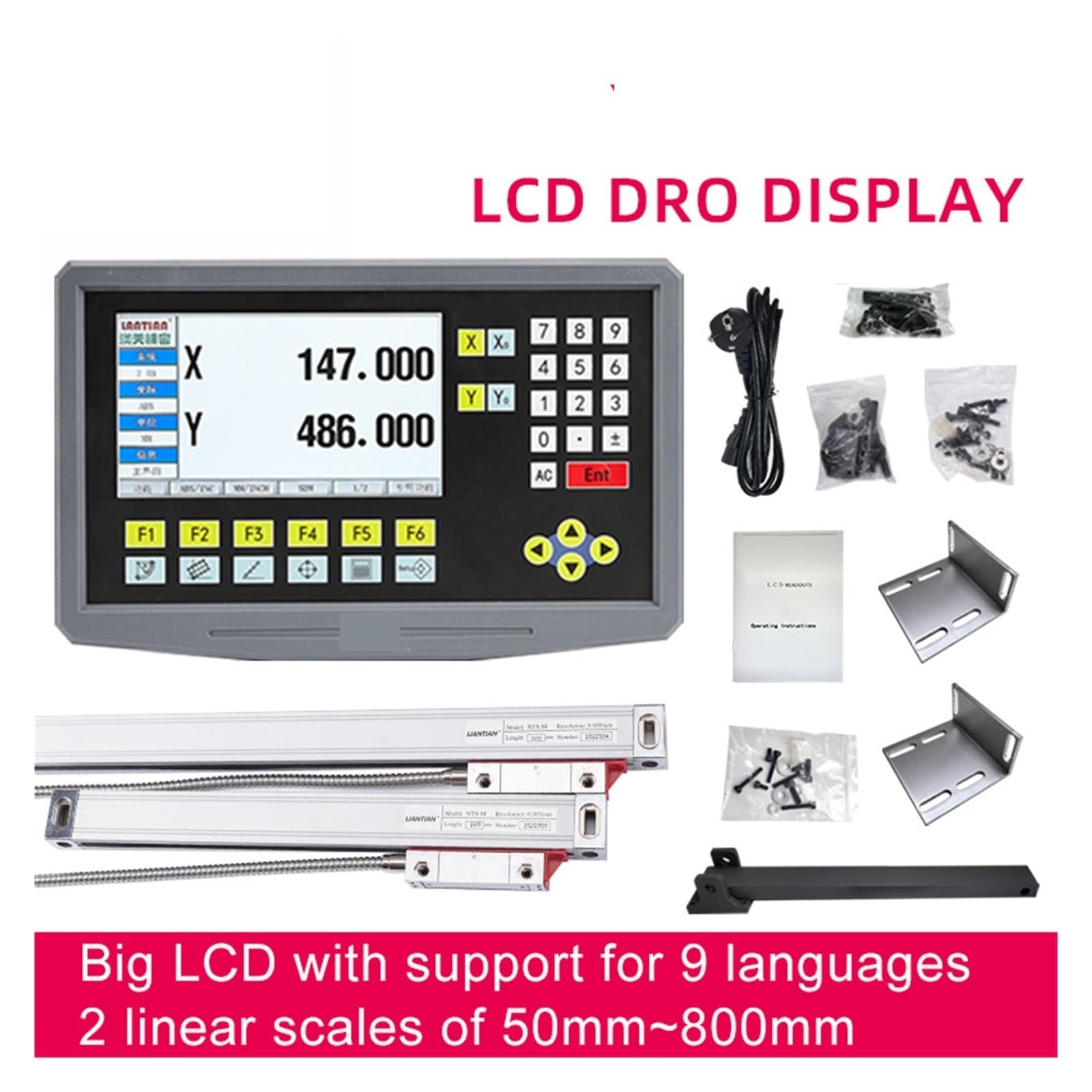 Codificador lineal, pantalla de lectura digital DRO LCD de 2 ejes, 9 idiomas y 2 piezas de regla de rejilla de codificación de escala lineal de 50-800 mm, codificador de lectura digital de