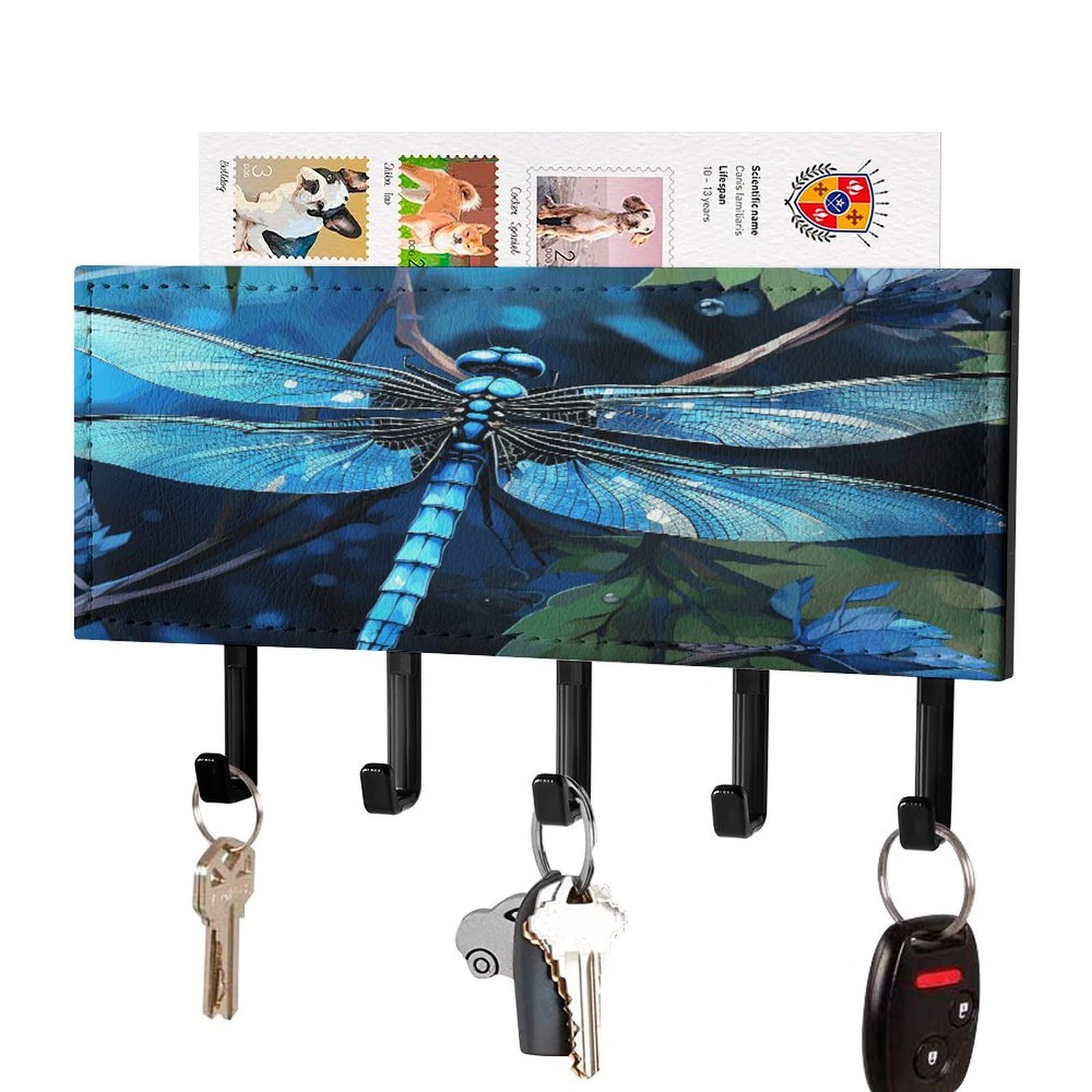 Soporte para llaves adhesivo de metal con colgador de piel y bandeja de correo