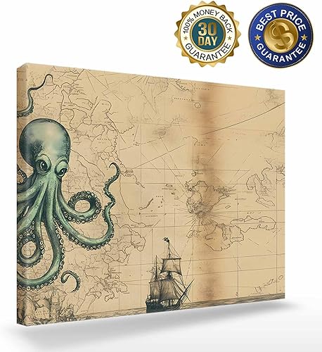 Miniatura 2 de Arte de pared náutico de pulpo para sala de estardormitorio, mapa retro medieval velero, lienzo marrón, decoración de baño, arte de pared, cocina,