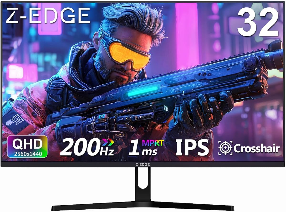Monitor para juegos IPS Z-Edge de 32 pulgadas, pantalla de computadora QHD 1440P 200Hz 165Hz | Monitor de PC 1440P con MPRT 1 ms, FreeSync, 16,7 millones de colores, contraste 1200:1, bisel ultradelgado IPS rápido UG32, DP x2, HDMI x2