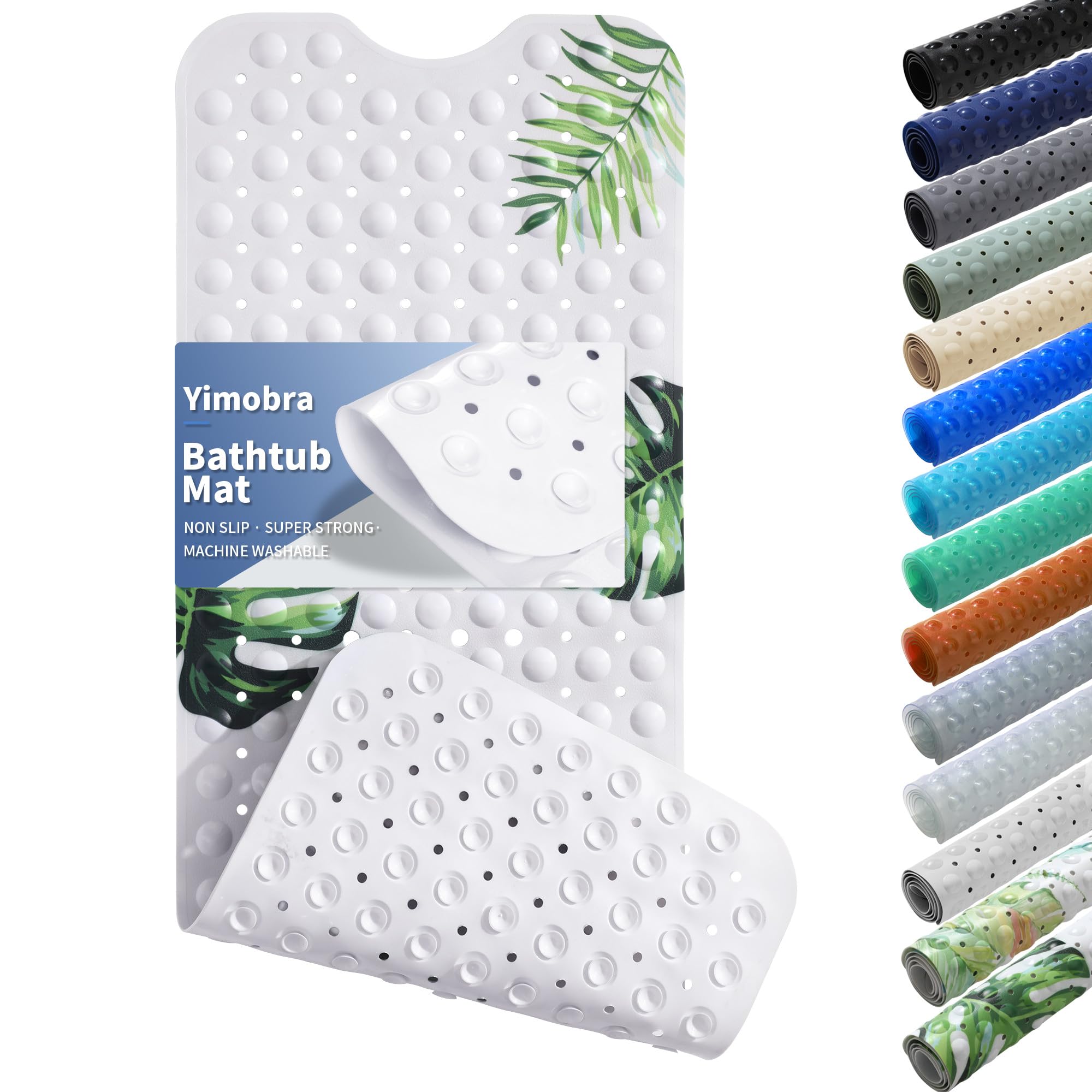 Yimobra Non Slip Bathtub Mat 40 x 16 Inch, Extra Long Shower Mat with Drain Holes, Machine Washable Baby Bath Mats, Strong Suction Cups for Bathroom Floor, Monstera