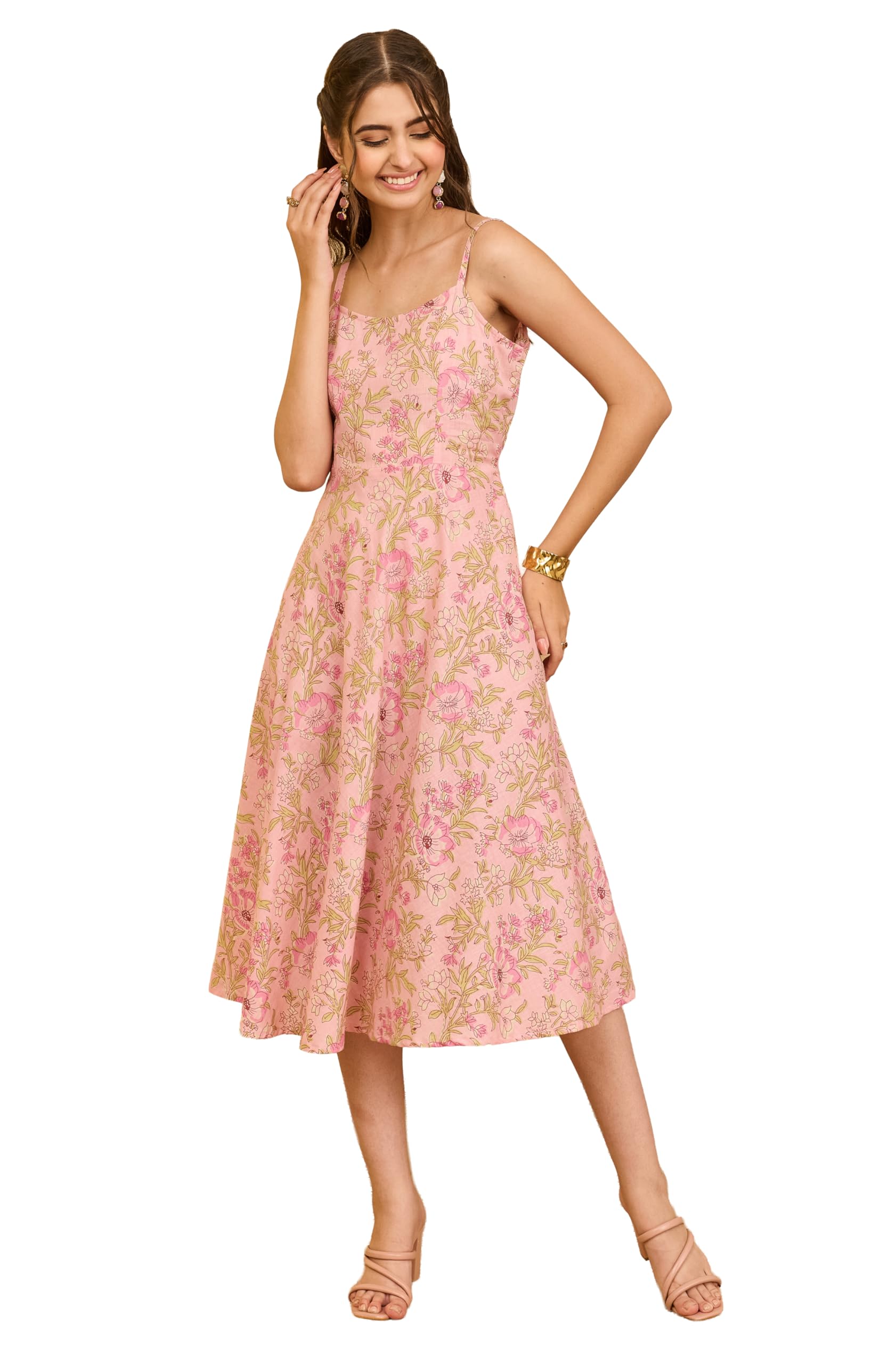 janasya Women's Rose Pink Pure Cotton Floral Printed A-line Dress-picture-14