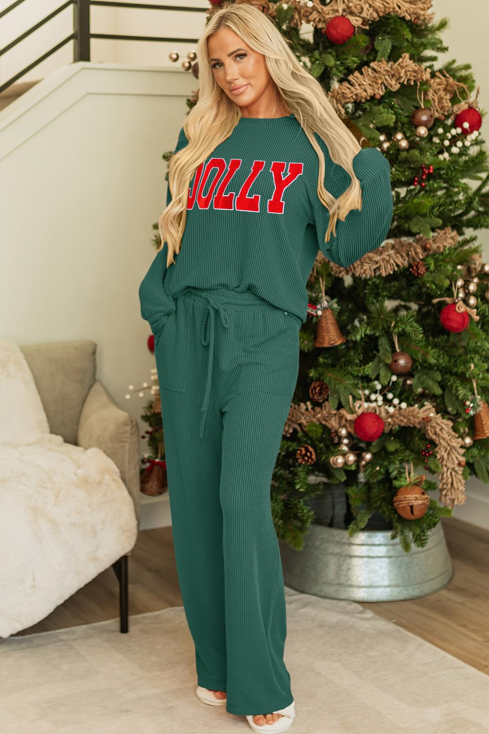 Opemiby Conjunto de pijama para mujer, camiseta acanalada de manga larga y pantalones con bolsillos