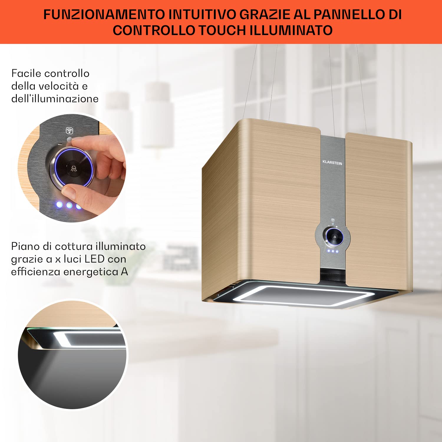 Klarstein Futurelight Smart - Cappa Aspirante, Funzione di Ricircolo con una Potenza Aspirante di 420m³/h, Cappa a Isola con Illuminazione a LED, Acciaio Inox, Oro