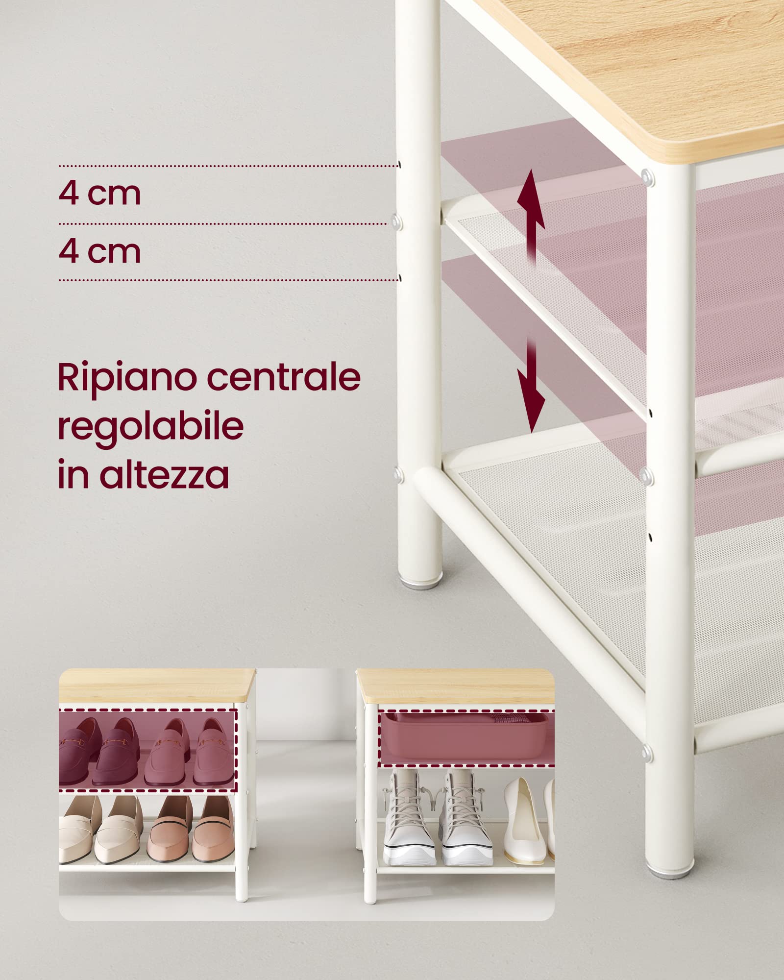 VASAGLE Appendiabiti con Scarpiera, Mobile Ingresso con Ganci, Specchio, Panca e Ripiani, 35 x 98 x 180 cm, Corridoio Camera da Letto Salotto, Moderno, Color Rovere e Bianco Nuvola HSR415W09
