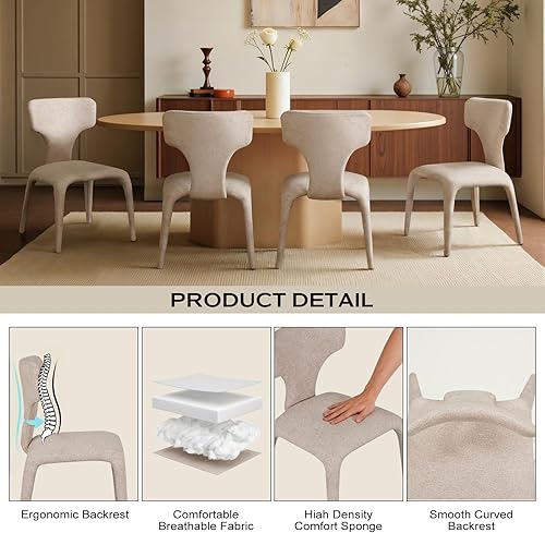 Vista 3 de Silla moderna minimalista con respaldo curvado, sillón tapizado beige, diseño ergonómico para sala de estar, estudio, dormitorio, cafetería