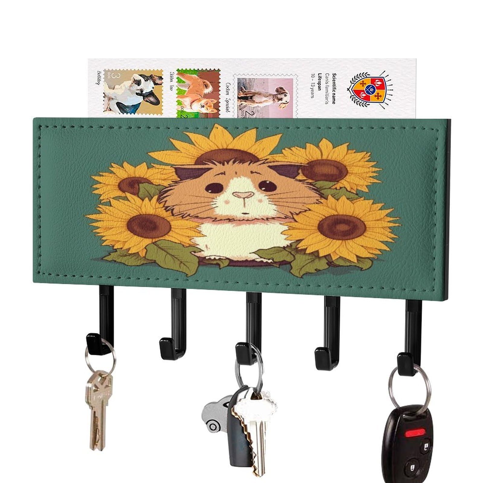 Fekiloot Black-Style Sunflower Hamster Cartoon Key Holder Wall Mount Decorative Key And Mail Holder With 5 Hooks Key Hanger Organizer Pu Key Rack Decorative Home Decor For Wall Living Room Entryway Office