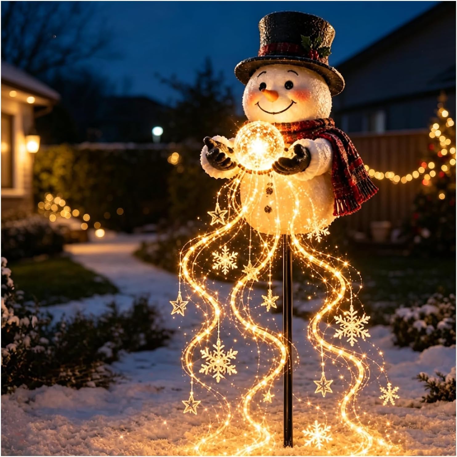 Snowman Magic Fountain,Flowing Snowflake LED Christmas Garden Light with Cascading Stars, Warm Glow, Solar Power and Outdoor Garden Stake for Christmas Yard Decor,Christmas Decorations Outdoor，1PC