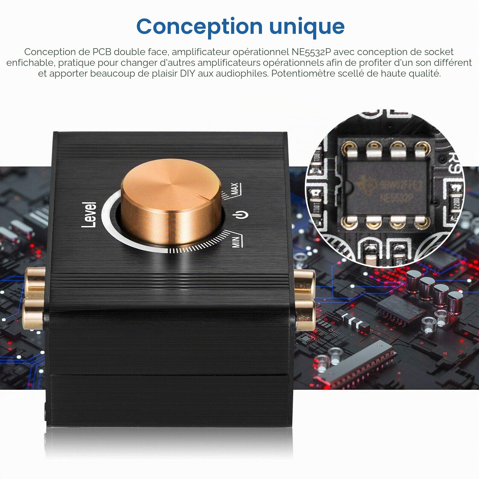 Mini amplificateur de niveau de ligne stéréo pour MP3, iPod, iPad, iPhone, gain 20 dB + contrôle du volume