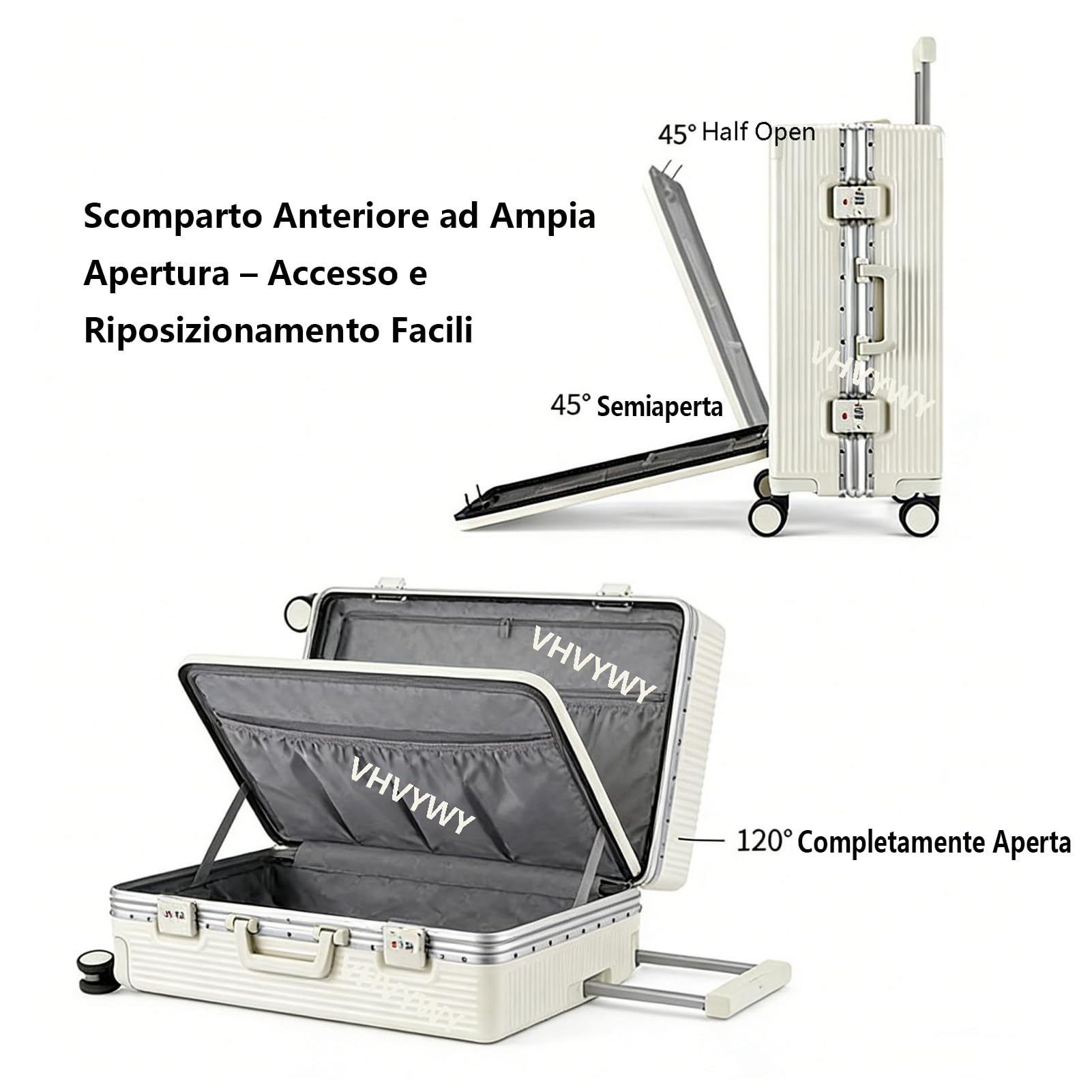 Valigia da Viaggio in Alluminio con Apertura Anteriore, Trolley Valigie Rigido in PC, Porta USB, Portabicchiere, Ruote Girevoli Silenziose, Porta Tazza, Chiusura TSA (Argento, XL)