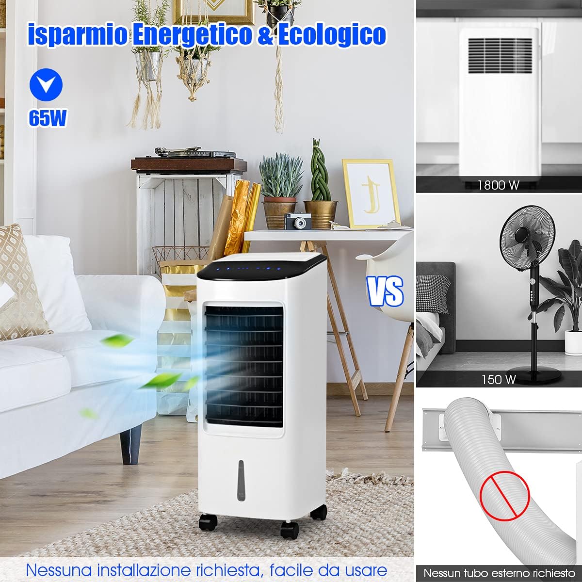 GYMAX Raffrescatore d'Aria senza Tubo, 65W Condizionatore Portatile con Ghiaccio e Acqua 7L, 3 in 1 Raffrescatore Evaporativo Oscillazione Automatica, Timer 7,5h Telecomando per Casa e Ufficio, Bianco