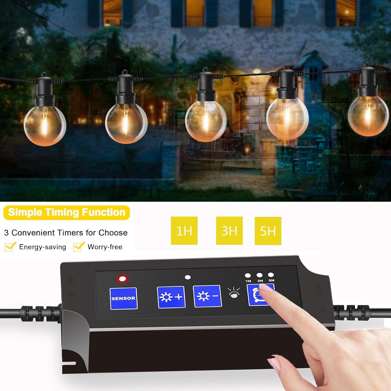 Shineled Outdoor Dimmer for String Lights, Plug-in Dimmer Switch for LED String Lights, 360W Waterproof Outdoor Auto Off Switch Timer for Led Strings Lights Patio Lights, 3 Prong Outlet