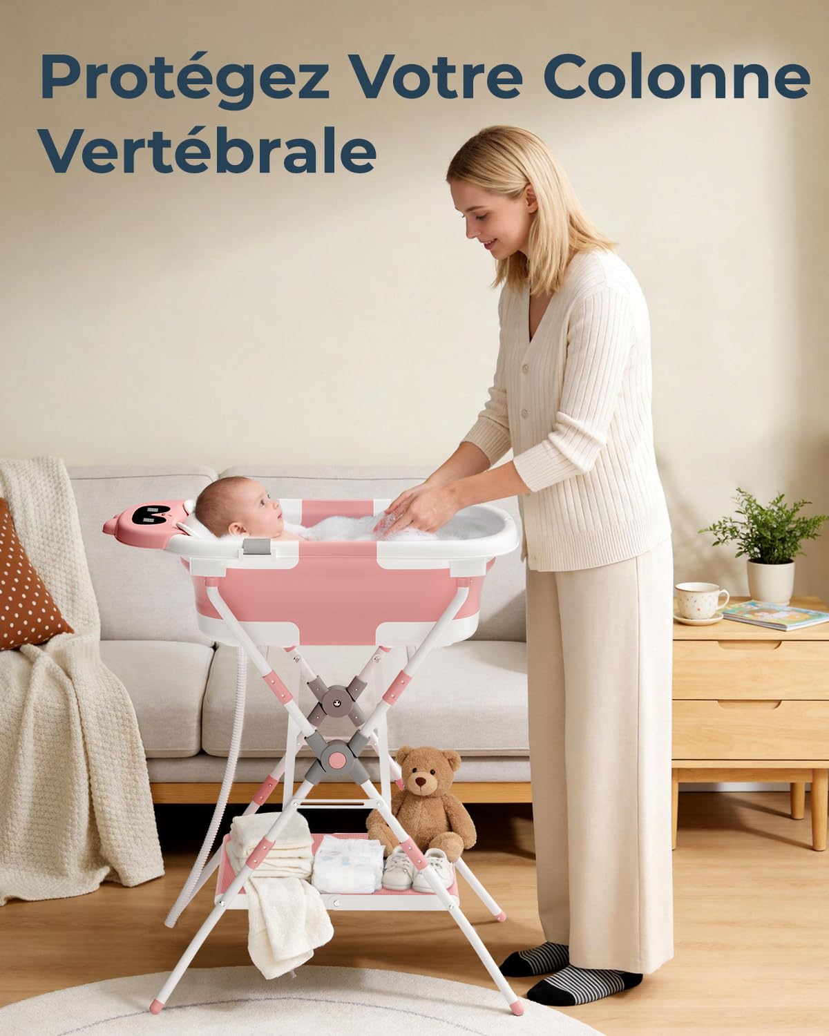 COOSEYA Baignoire bébé 3 en 1 pliable avec support et coussin souple incliné, baignoire pour nouveau-nés et jeunes enfants 0-18 mois, design pliable portable pour voyages extérieur, cadeau baby shower