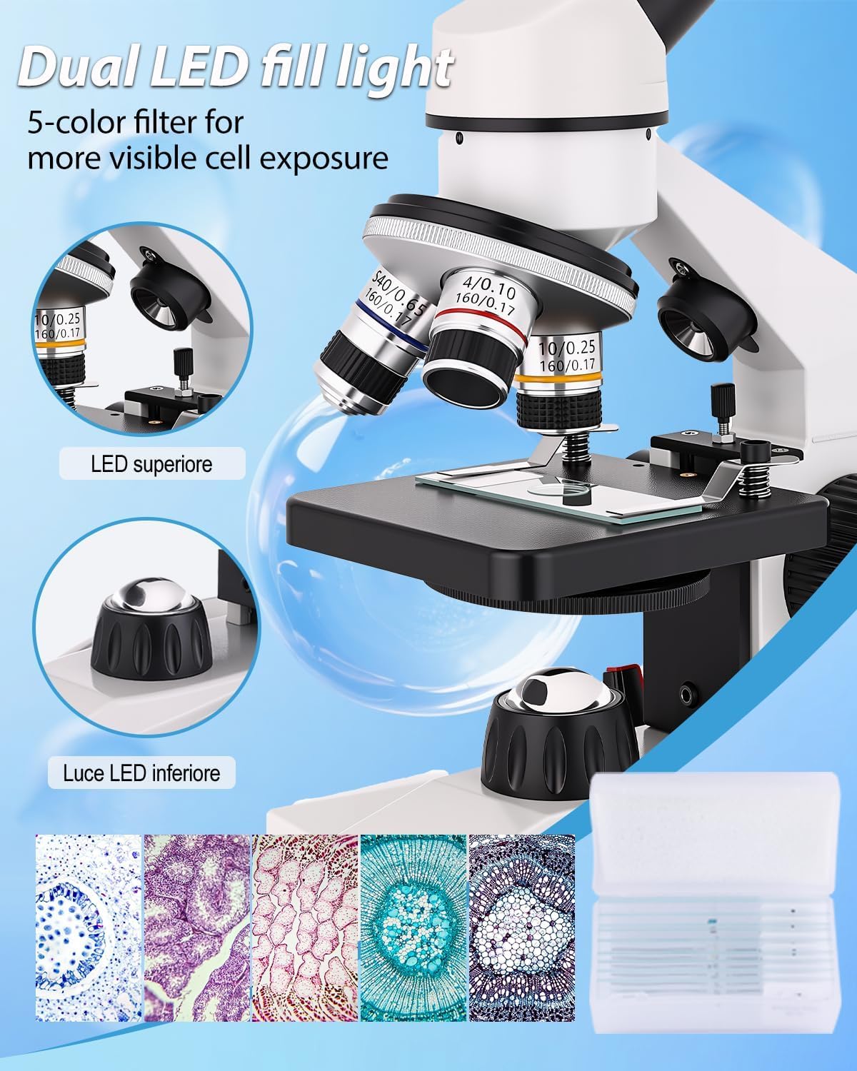 Compound Microscope, 2000x Magnification, with Smartphone Adapter, Slide Set, Dual LED Illumination System, Adult Microscope, Suitable for Beginners and Laboratory use (Monocular Microscope)
