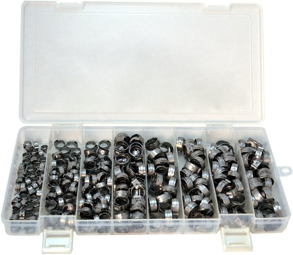 Oetiker Stepless® Oetiker Clamp Assortment Case, Ear Clamps, Single Ear Hose Clamps (300 Pack (1/4-11/16), Without Pincers)