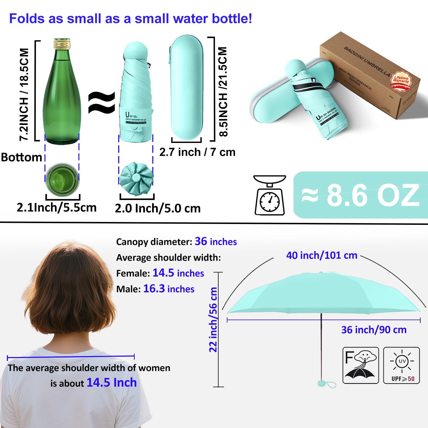BAODINI Ombrello da viaggio mini per borsa con custodia - Piccolo ombrello compatto UV protettivo dal sole - Leggero ombrello tascabile UPF 50+ per donne, ragazze e uomini