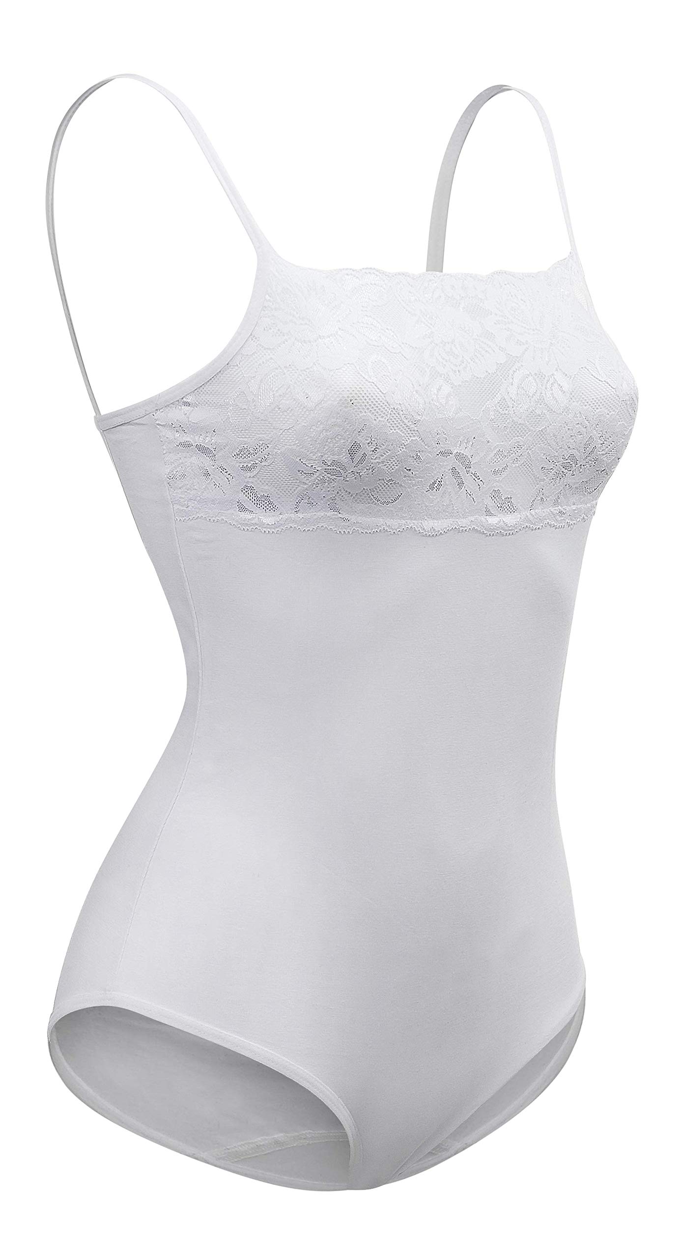 Maria Angel Women's White Strappy Cami Top Lace Trim Neck Vest Bodysuit Leotard Camisole 4030 (Large 12-14, )