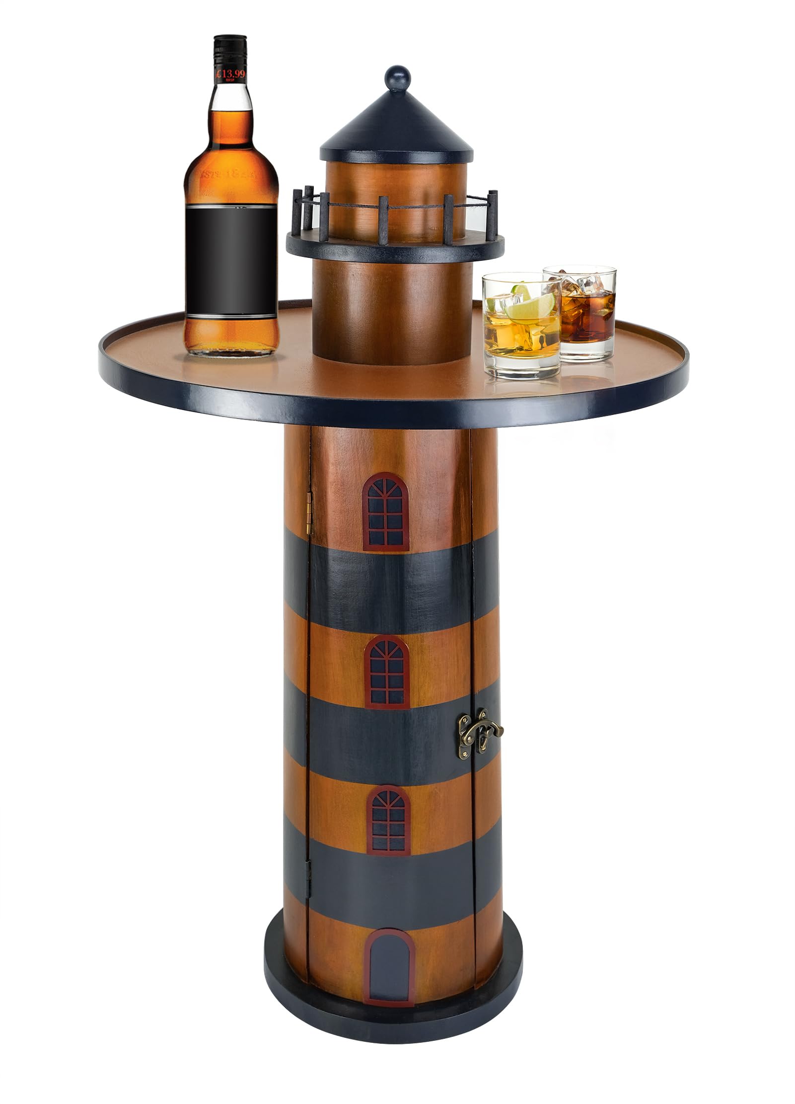 SAILINGSTORY Wooden Lighthouse Nautical Round Coffee Table Beach Coastal End Table Side Table with Storage