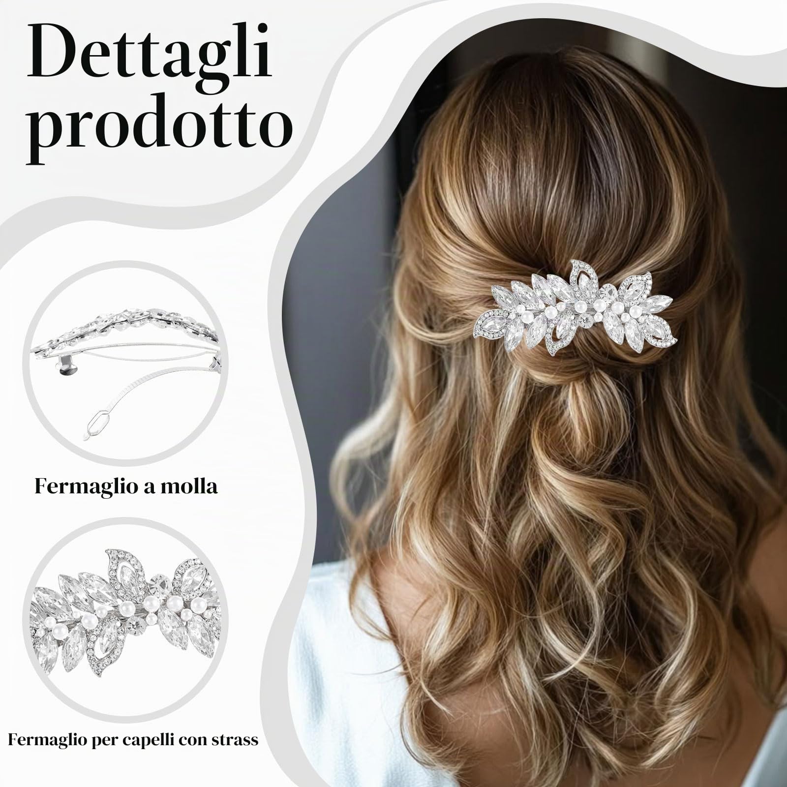 LunarCharm Fermagli per capelli con perle, accessori da sposa argentati per donne, forcine scintillanti con cristalli, fermagli a forma di foglia per matrimonio, sposa, capelli lunghi
