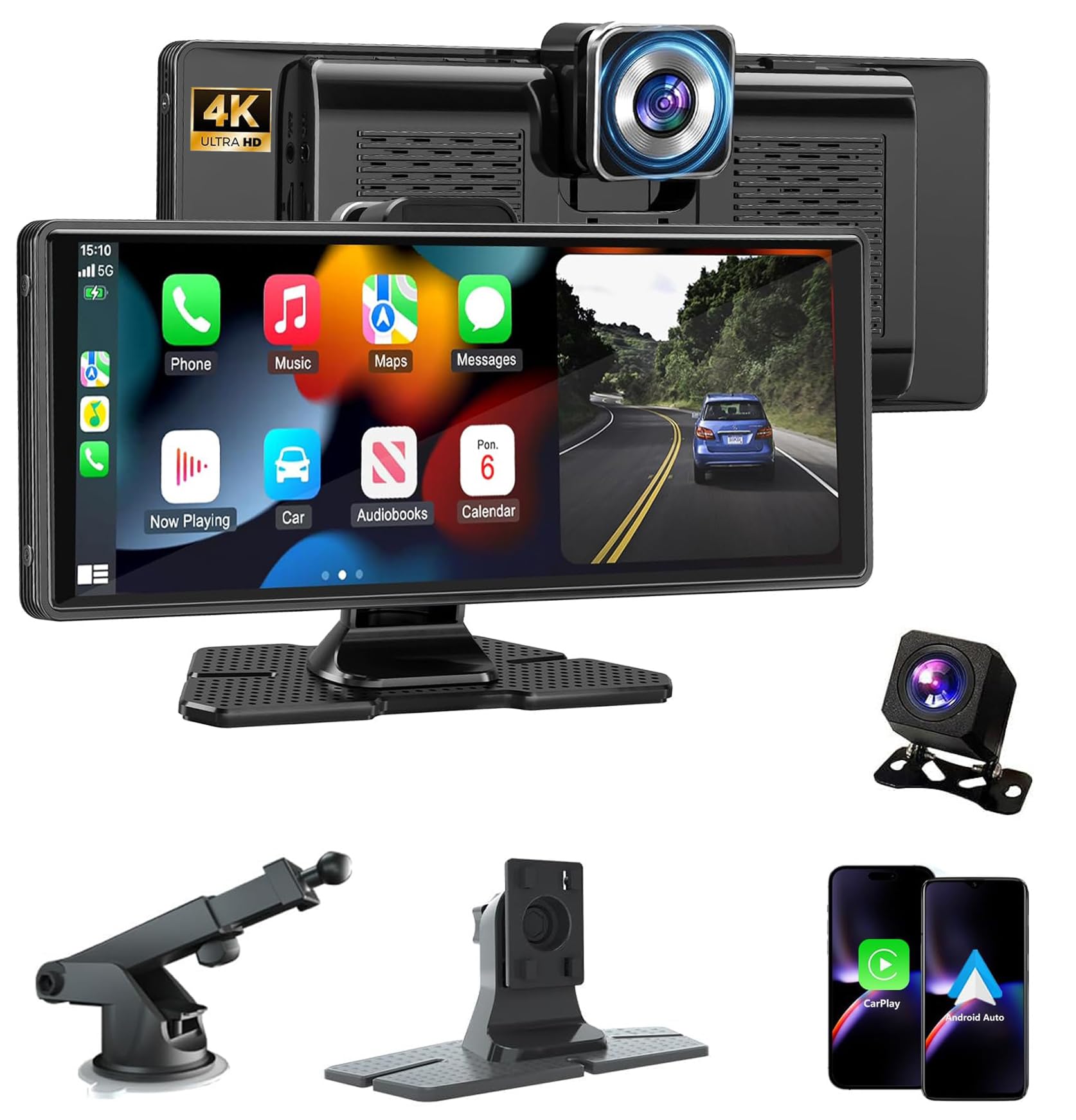 Cason Upgraded Carplay/Car Android Auto Touch Screen 10-Inch with 4K Dash Cam &1080p Rear Camera,Infotainment System IPS LED Display Screen with Voice Control,BT for All Vehicles