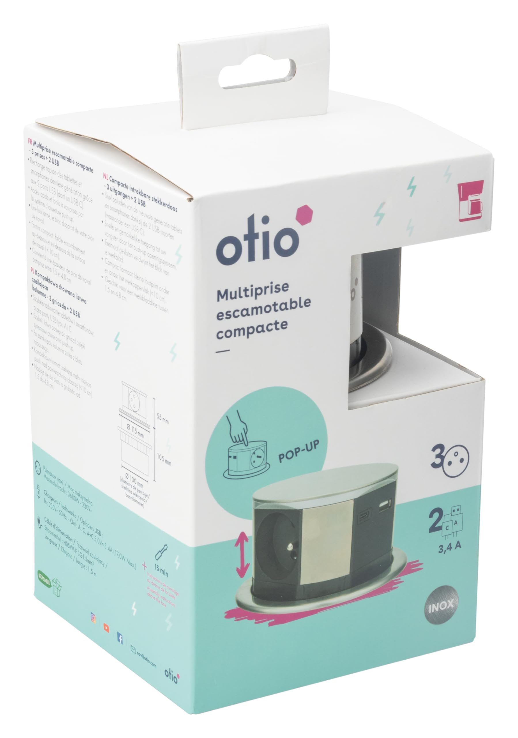 Otio - Bloc multiprise encastrable 3 Prises 16A 2P+T et 2 USB - Alu