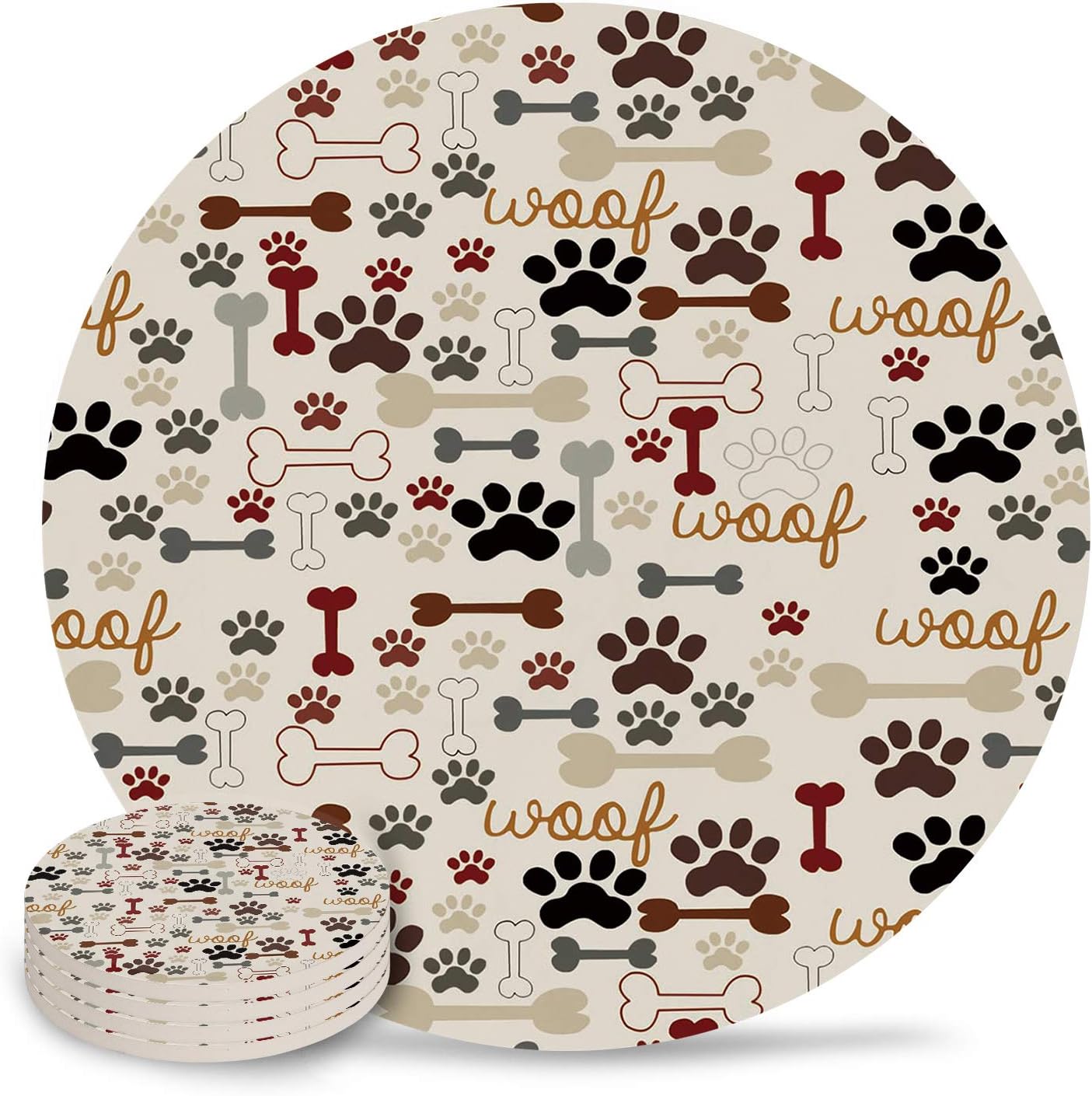 Set of 4 Coasters for Drinks, Absorbing Stone Cutly Dog Paw Pug for Pet Lover Ceramic Round Coaster with Cork Base No Holder, for Housewarming Coffee Kitchen Room Bar Decor (4 Inch)