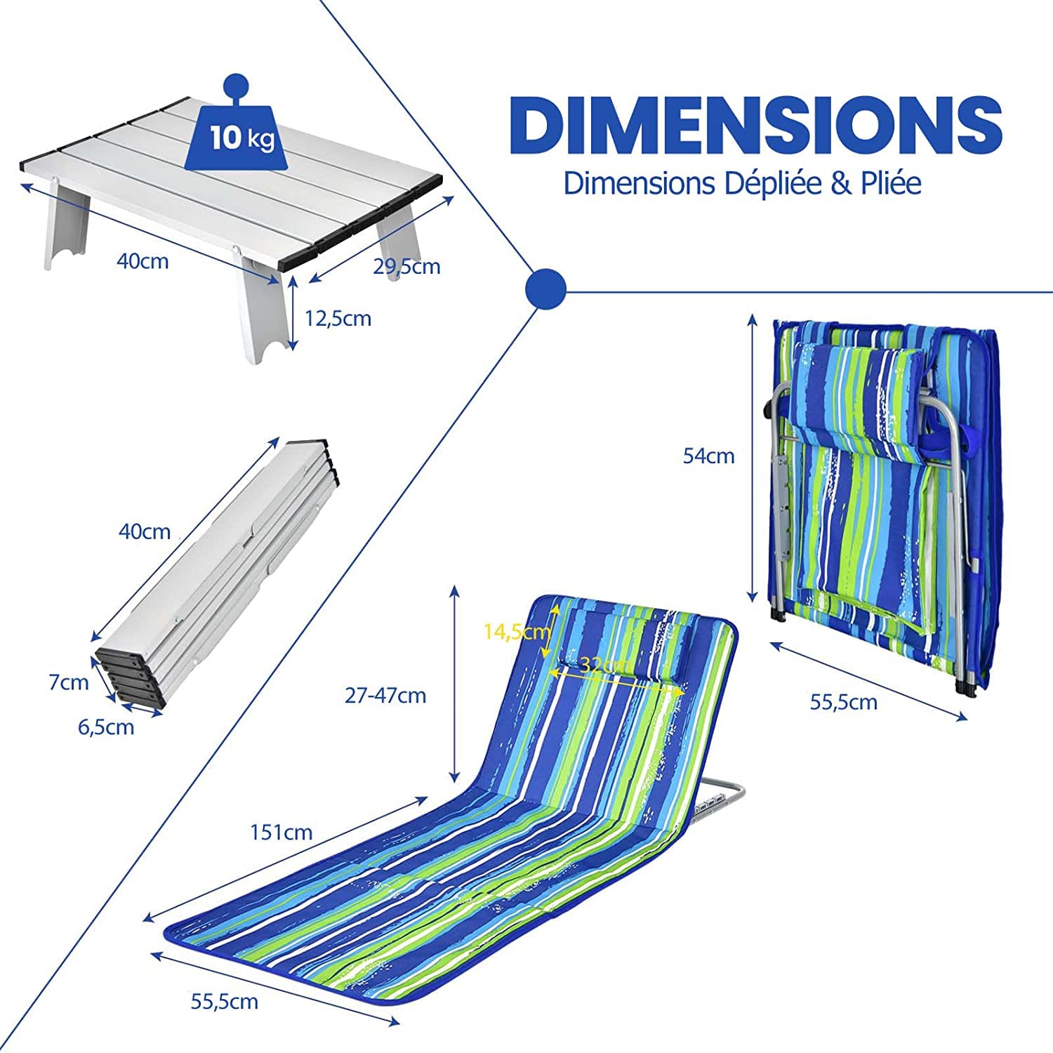 GOPLUS - Colchón de playa ajustable de 5 posiciones con mesa baja, 2 alfombrillas de playa con reposacabezas, mesa auxiliar portátil, diseño plegable, ideal para patio, piscina, terraza (azul verde)