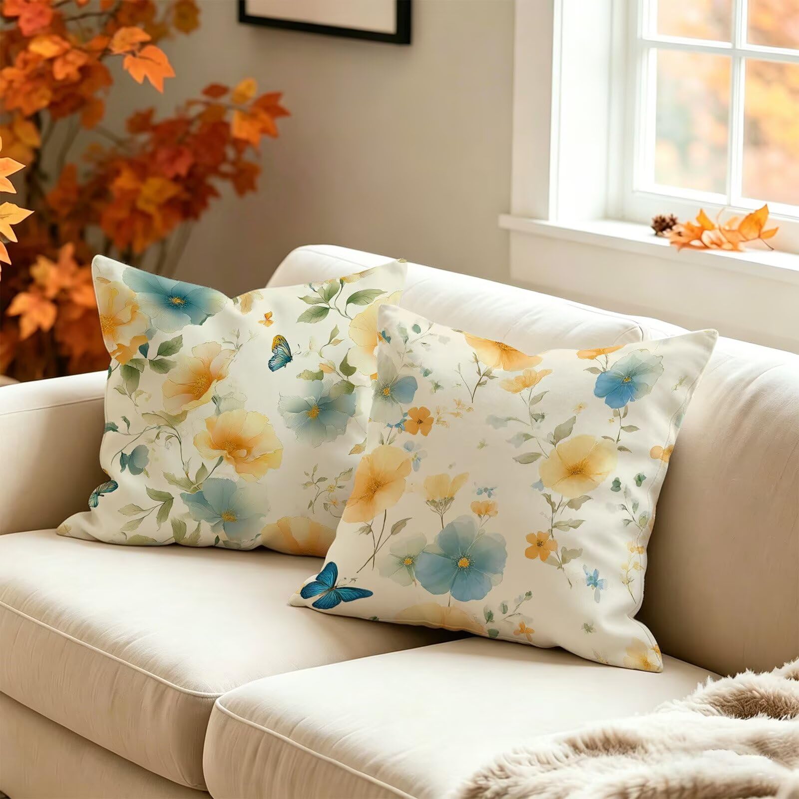 Fundas Cojines 80x80cm Juego de 2, nórdico Flores Frescas Patrón Fundas de Cojines Exterior Impermeable in Terciopelo, con Cremallera Invisible, Funda Cojin Sofa para Decor Hogar Dormitorio t9n-301