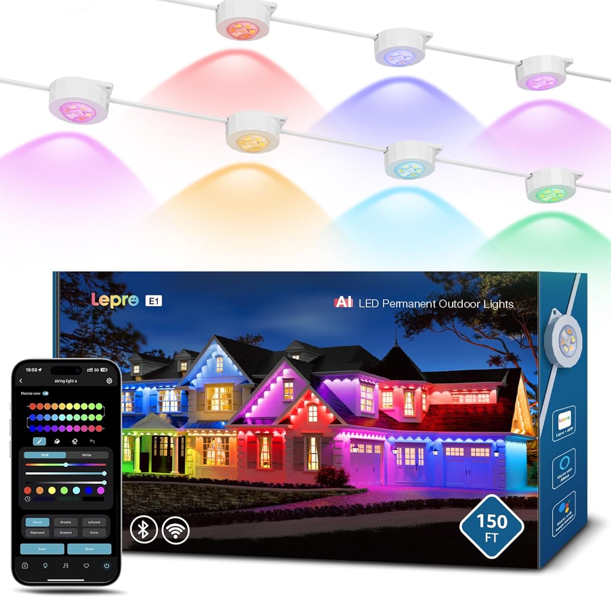 Lepro E1 AI Permanent Outdoor Lights APP Control, 150ft 90 LED Smart RGB+IC+Warm/Cool White House Eave Lights for Halloween Christmas, Alexa Google Enabled 2.4 GHz WiFi/Bluetooth, NO Remote Controller