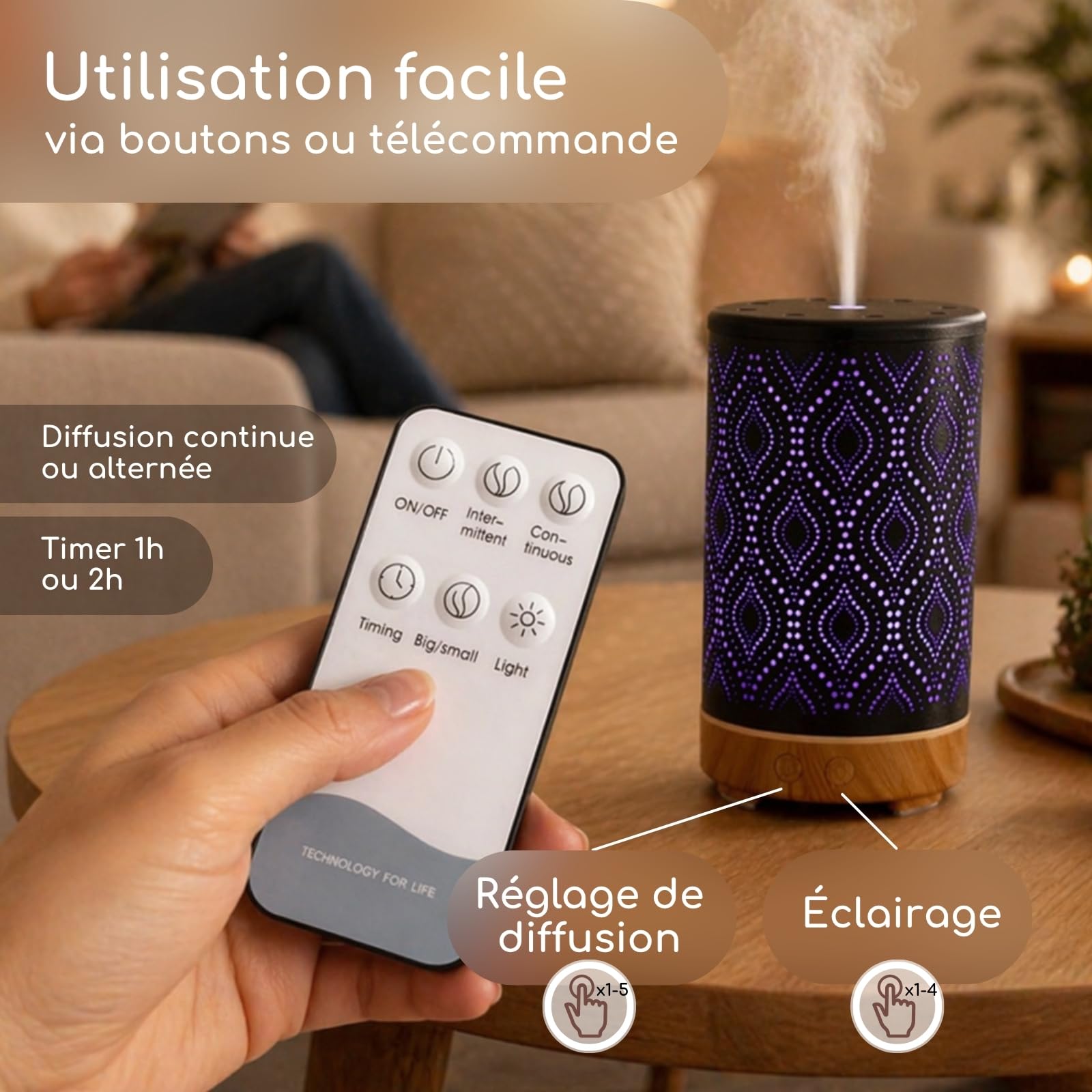 Zen’Arôme Diffuseur Ultrasonique Aromathérapie Séville, Diffusion Huile Essentielle à Froid, Diffuseur Électrique avec Télécommande, Éclairage LED Personnalisable, Coque en Métal avec Motif Original