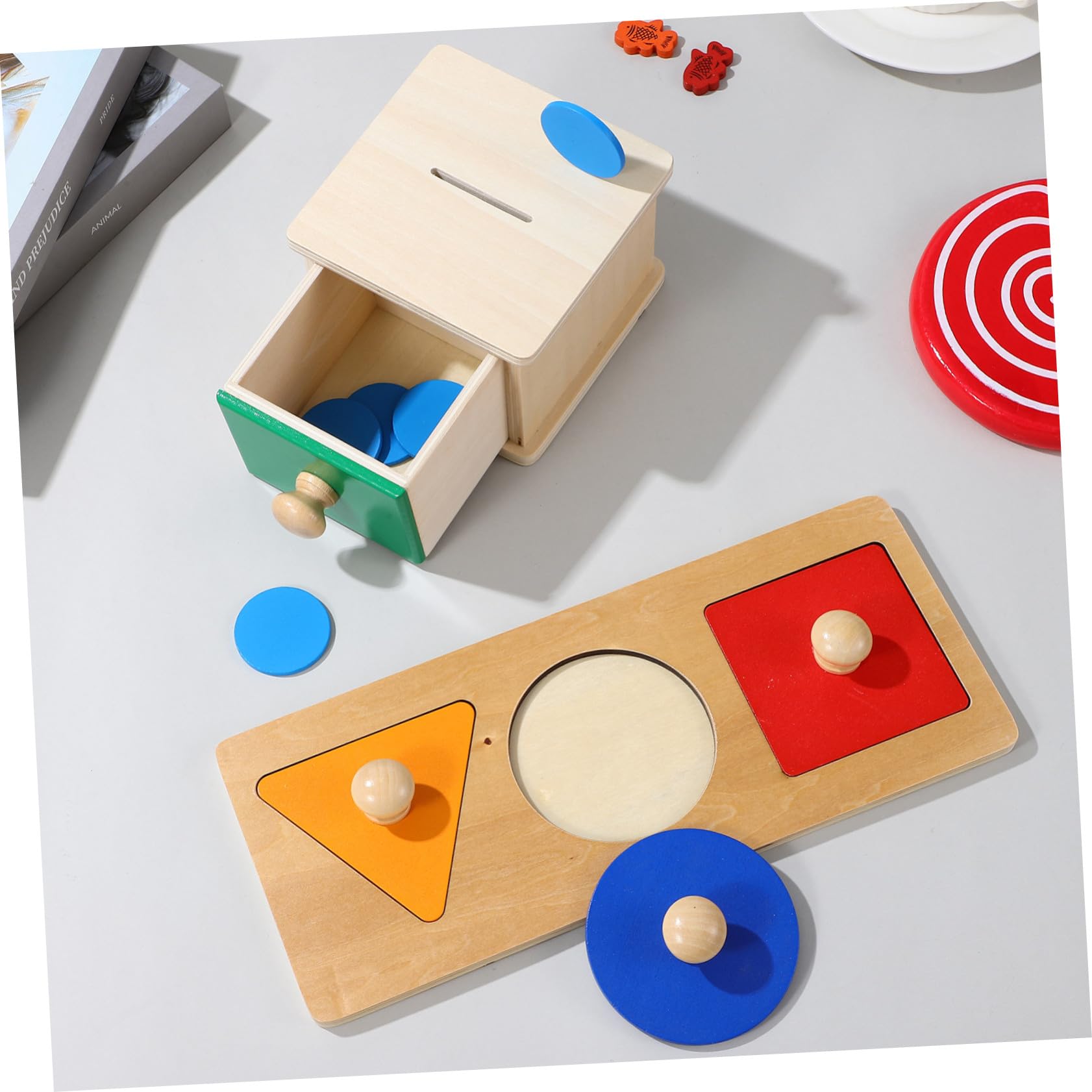 Hemobllo 2juego Panel De Caja De Monedas Rompecabezas Geométricos con Caja De Madera para Monedas Juguetes Educativos Primera Infancia Bloques Geométricos Juguetes De Madera para Bebés