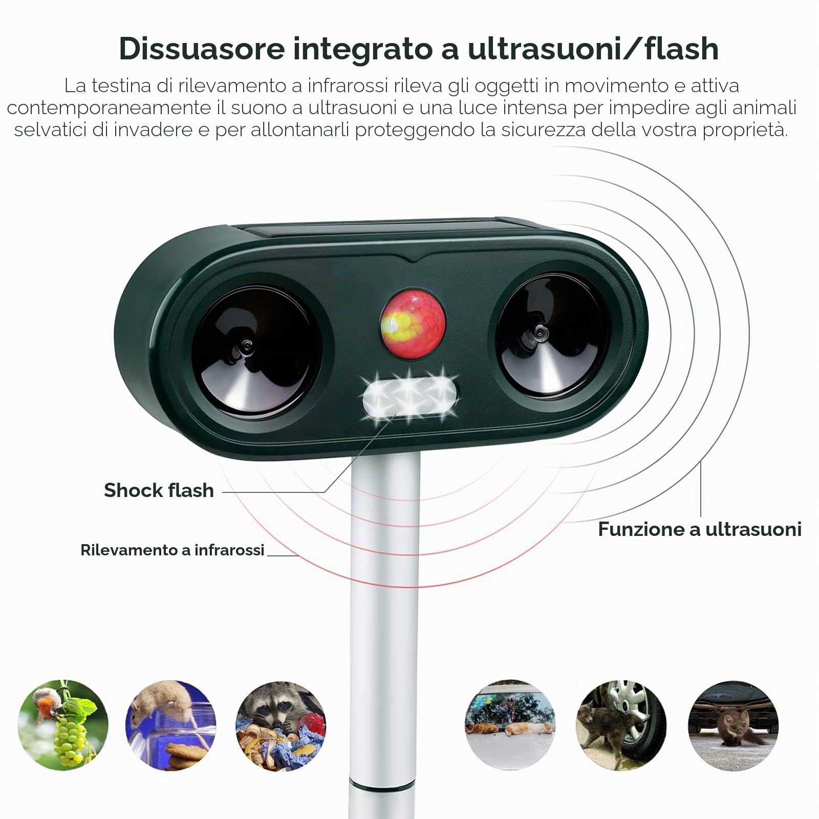 Cowiewie Dissuasore per gatti a ultrasuoni, a energia solare, impermeabile, con 5 modalità di frequenza, rilevatore di movimento PIR a 120° e luce lampeggiante, per giardino e uso esterno (verde)