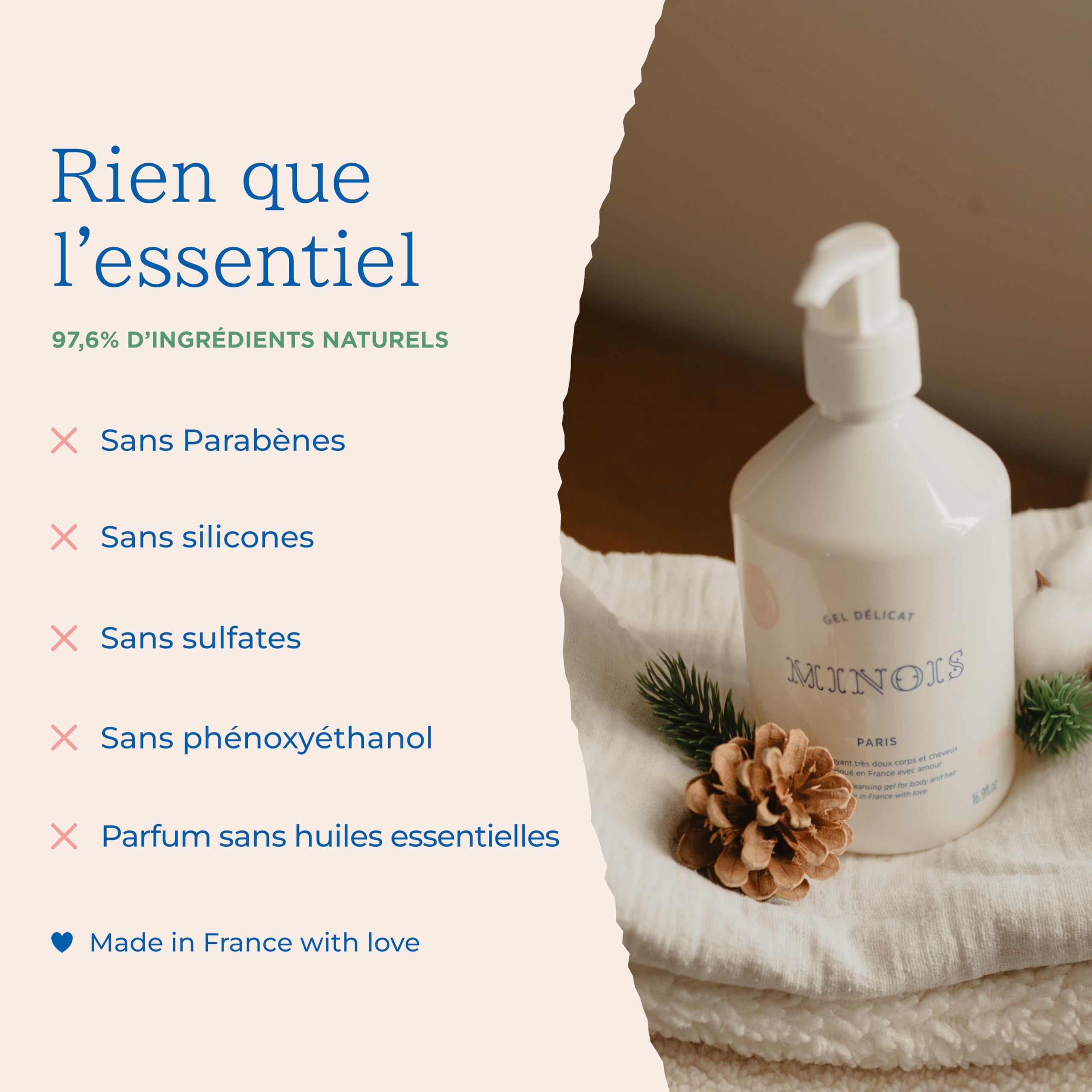 Minois Paris - Gel Lavant Délicat pour Bébé - Corps & Cheveux Facile à rincer - Apaise les Peaux Sensibles - Ingrédients 97,6 % Origine Naturelle - Sans Parabènes & Sulfates - Made in France - 500ML