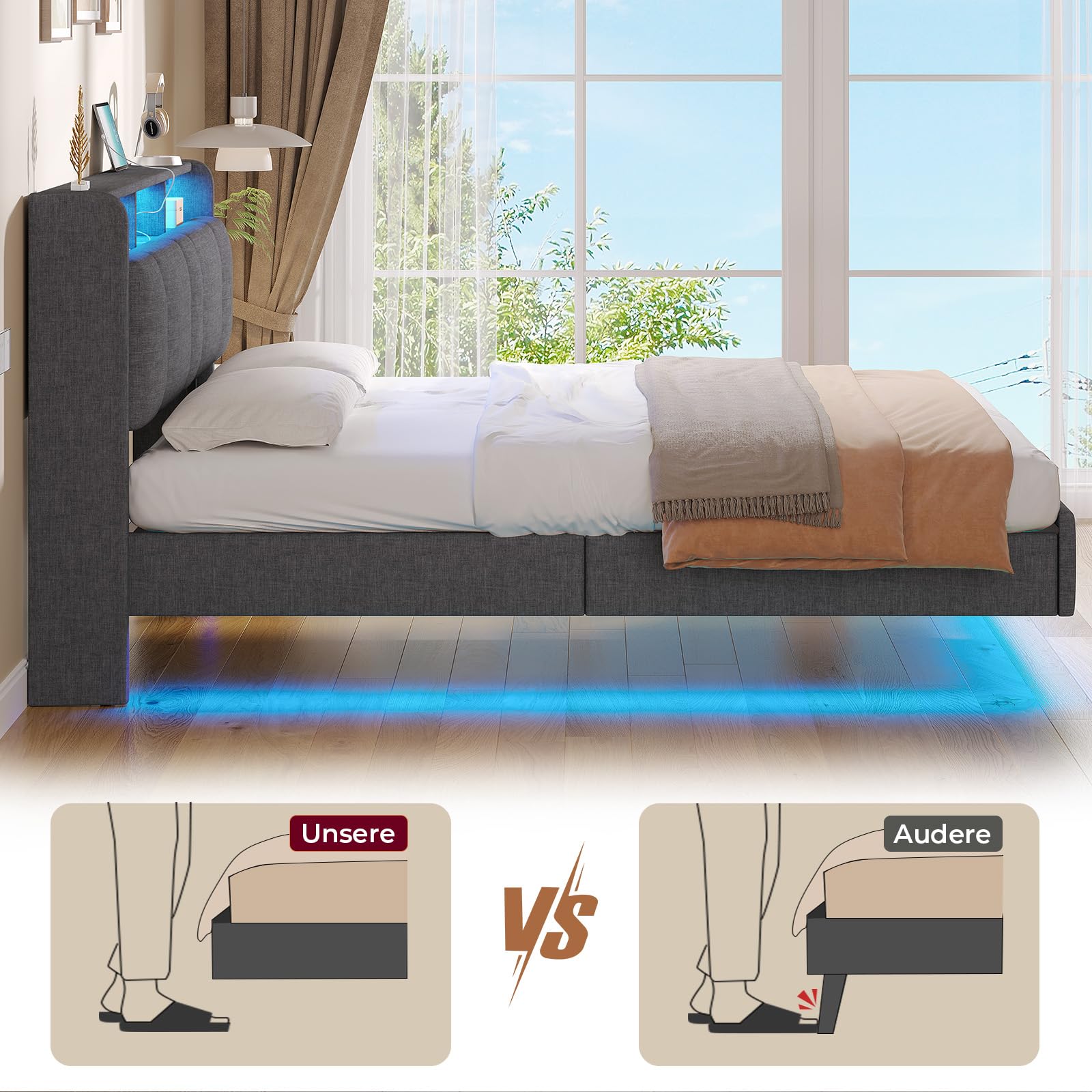 AOGLLATI Polsterbett 140x200cm, Bett 140x200 mit LED Beleuchtung und Ladestation, Schwebebett mit Kopfteil, Lattenrost aus Metall, Leichte Montage, Doppelbett, Leinen, Dunkelgrau (ohne Matratze)
