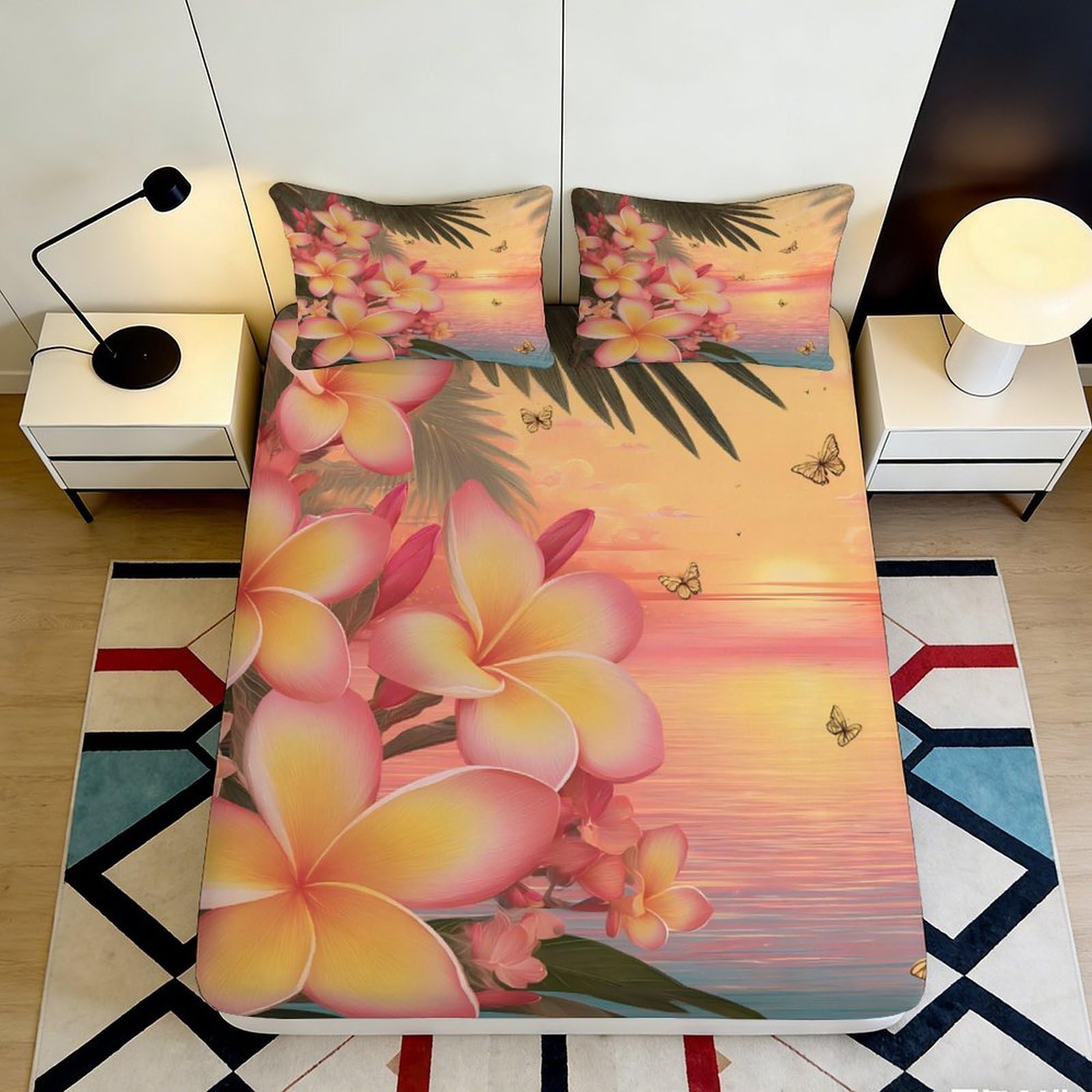 3D Printed Tropical Sunset Fitted Sheet Microfiber Soft Breathable Plumeria Mattress Cover for Bedroom Guest Room Decor 90x200x25cm