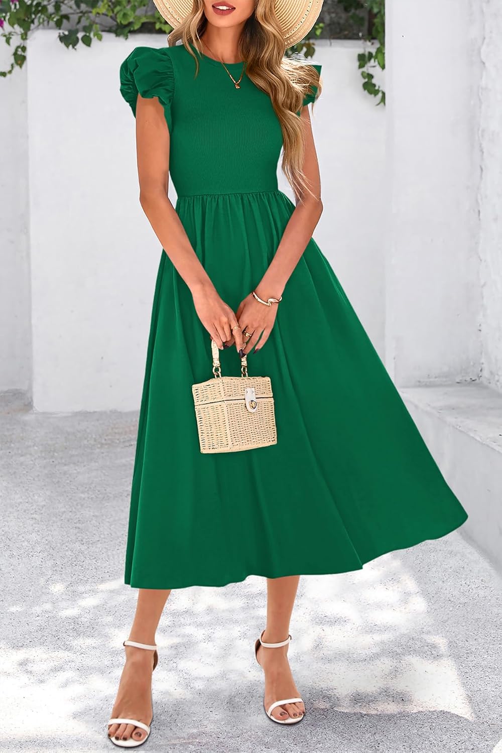 CFLONGE Women's Casual Short Puff Sleeve Summer Dresses for Women 2025 High Waist Casual Flowy A Line Midi Dress with Pockets - Image 7