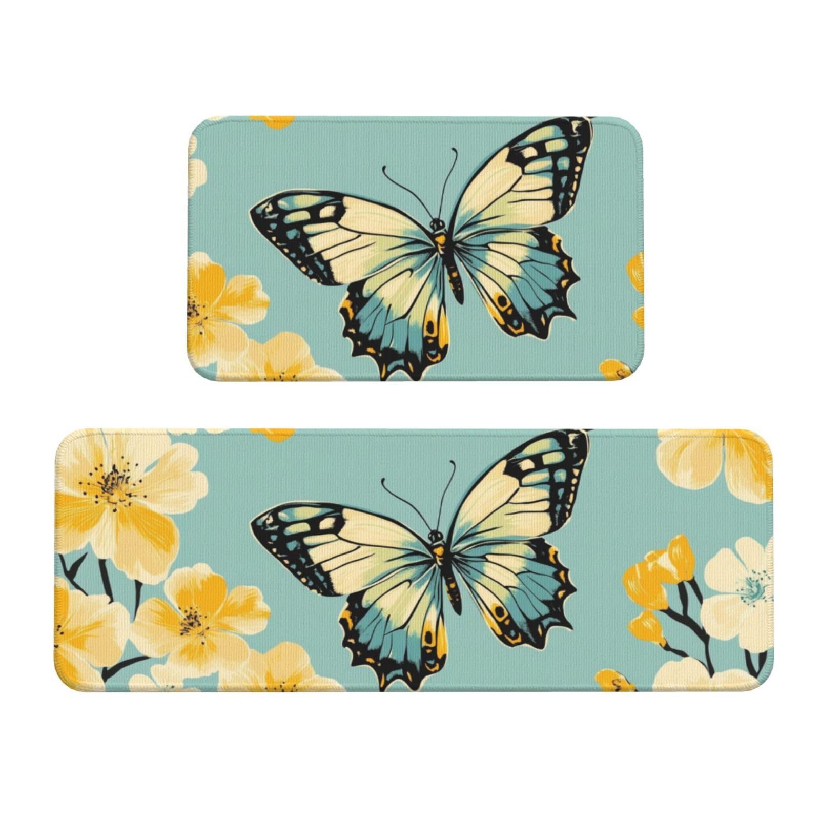 Juego de 2 tapetes de cocina decorativos con mariposas y diseño acolchado